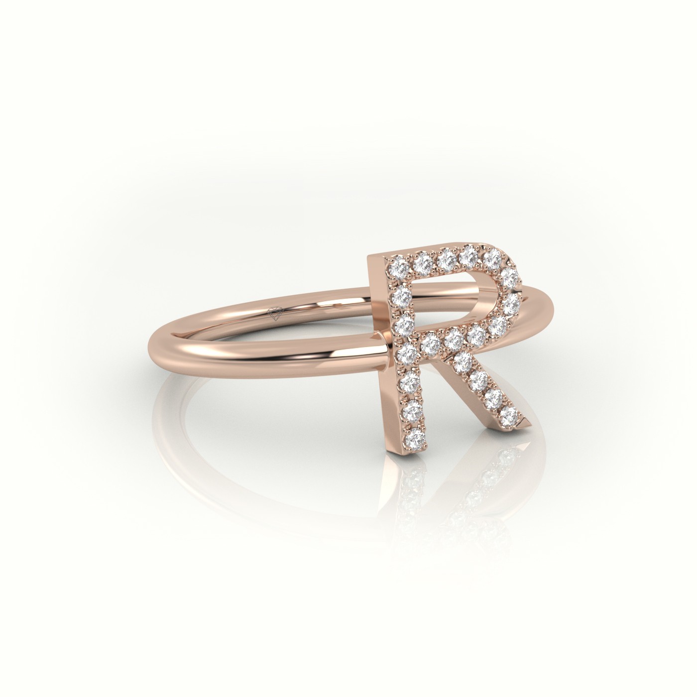 18k rose gold  round cut diamonds “r” initials monogram alphabet ring Photos & images