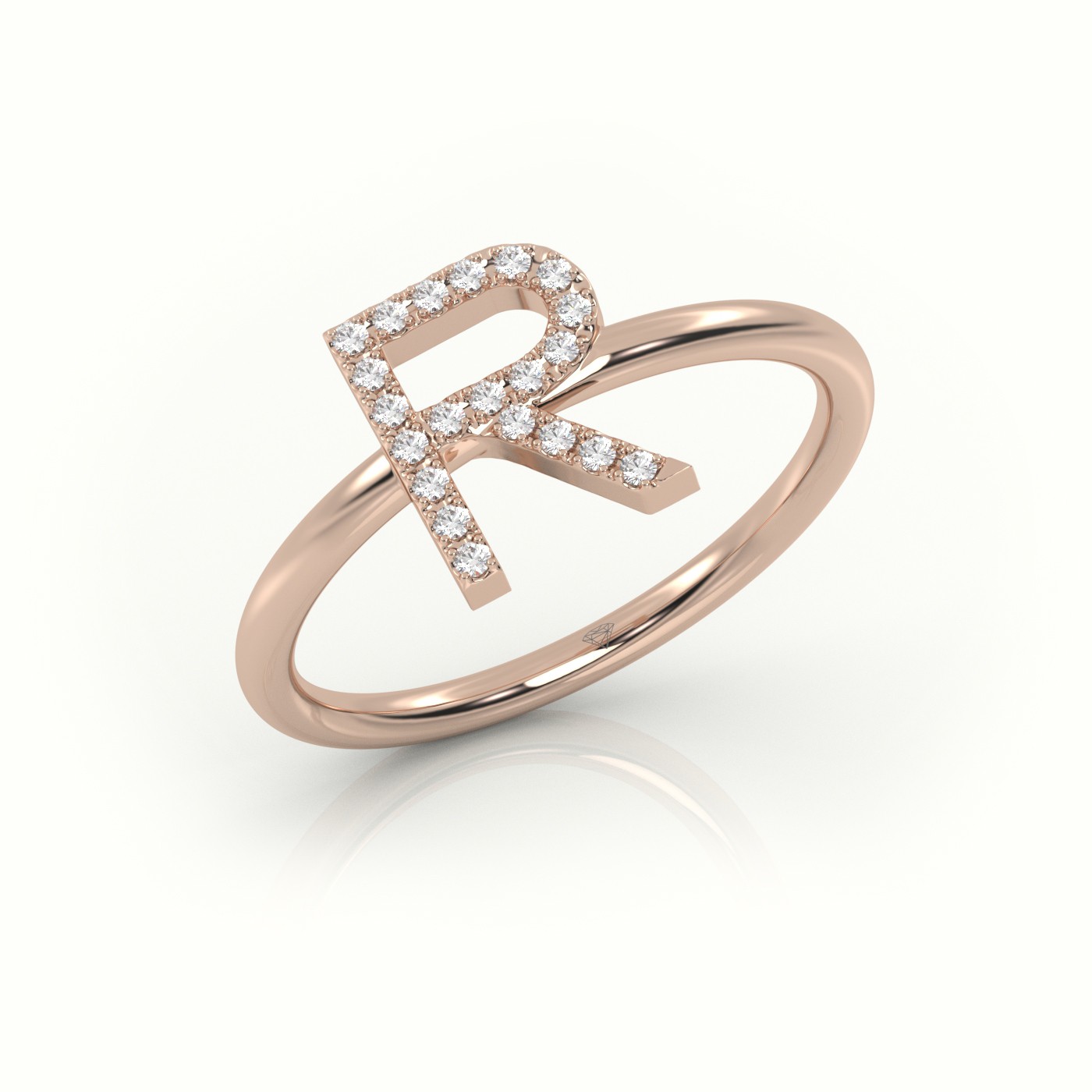 18k rose gold  round cut diamonds “r” initials monogram alphabet ring Photos & images