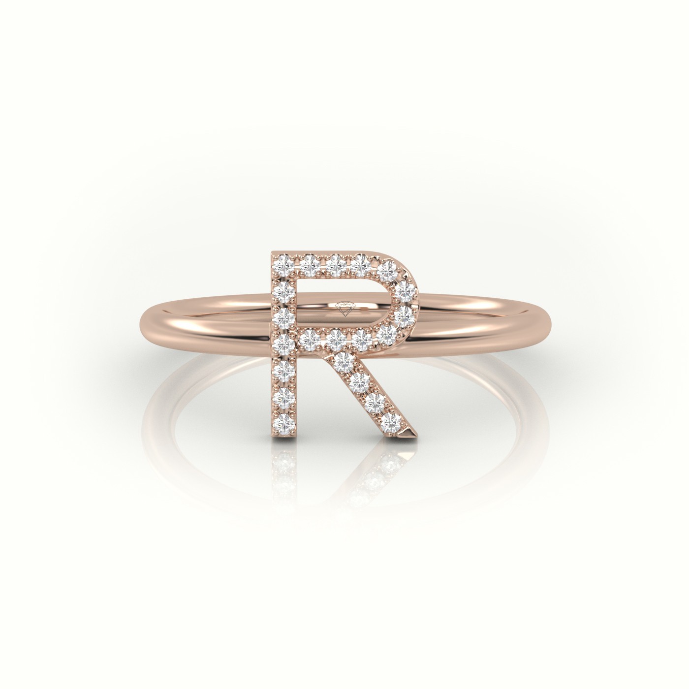 18k rose gold  round cut diamonds “r” initials monogram alphabet ring