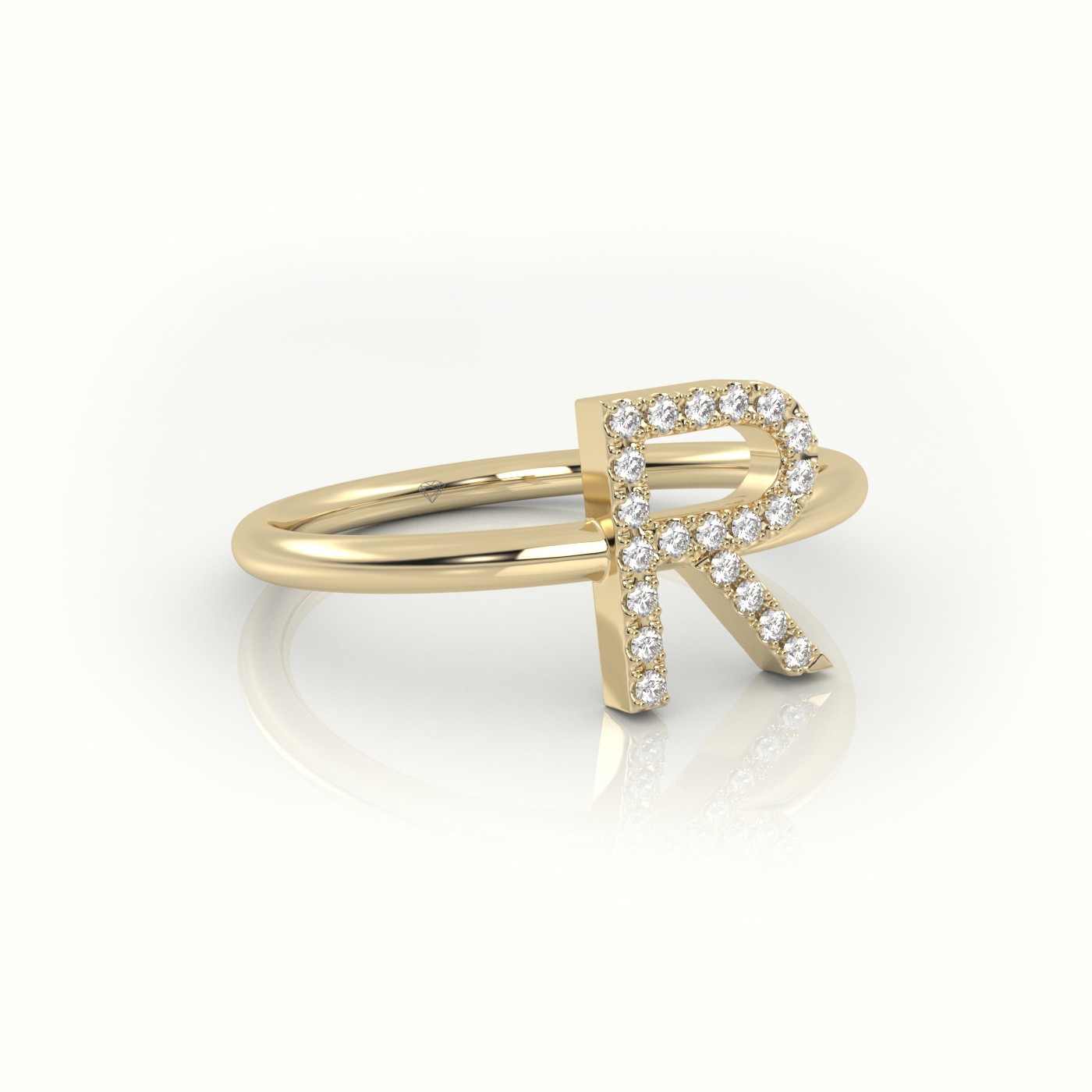 18k yellow gold  round cut diamonds “r” initials monogram alphabet ring Photos & images
