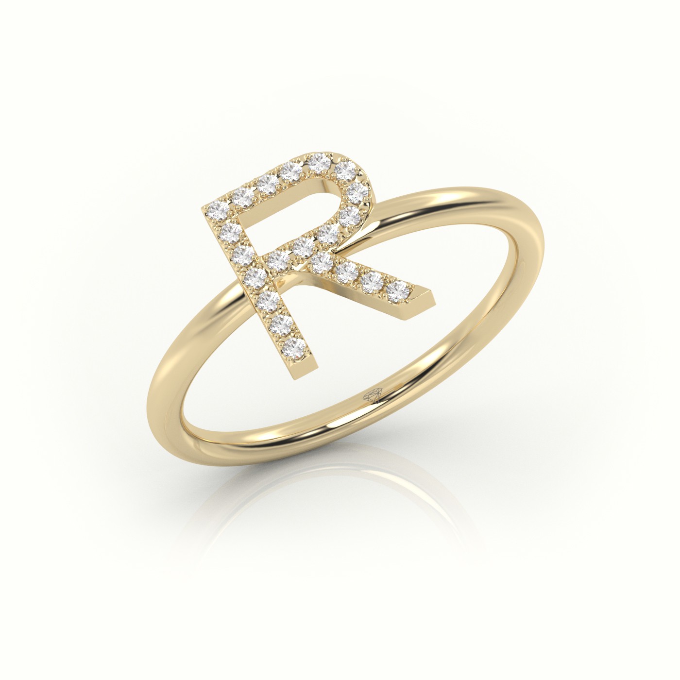 18k yellow gold  round cut diamonds “r” initials monogram alphabet ring Photos & images