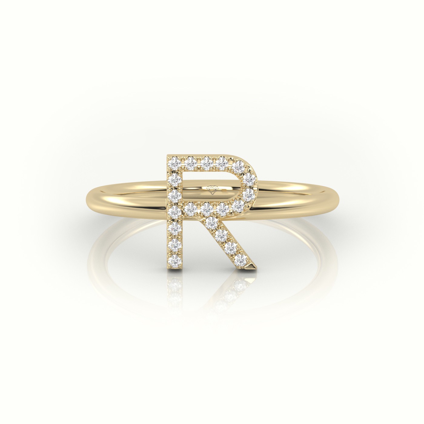 18k yellow gold  round cut diamonds “r” initials monogram alphabet ring