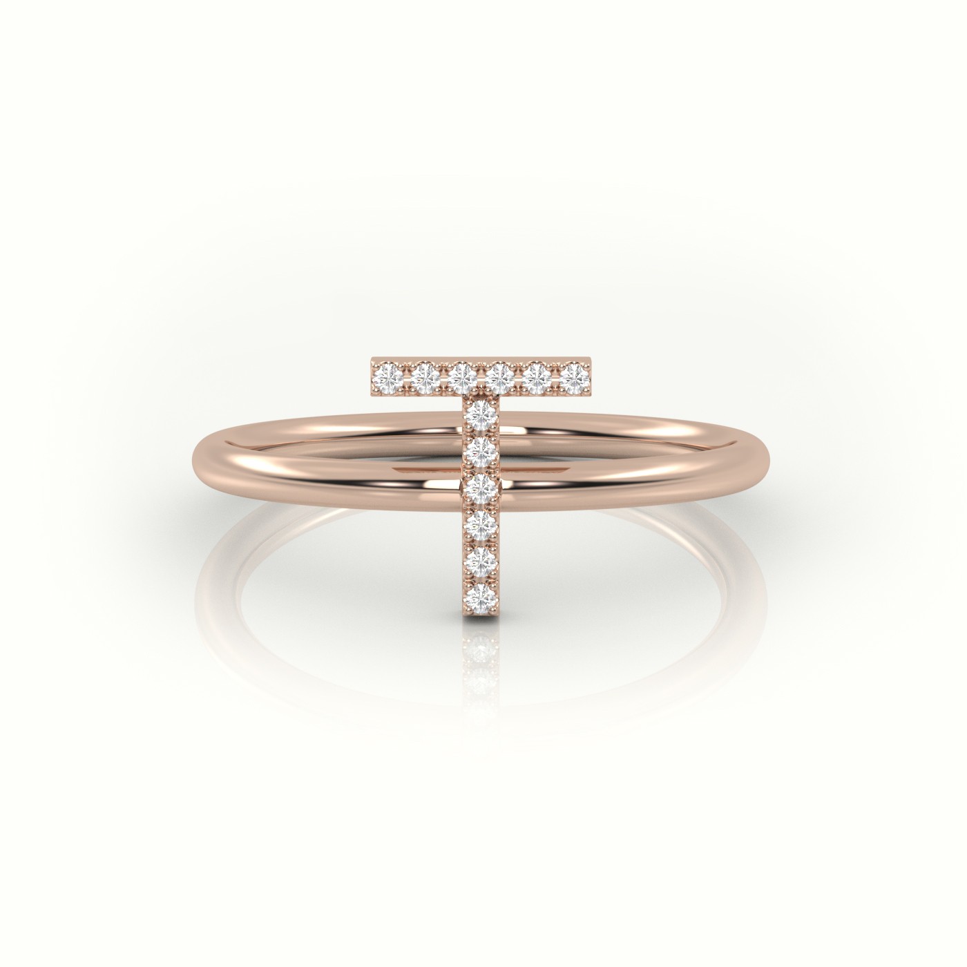 18k rose gold  round cut diamonds “t” initials monogram alphabet ring