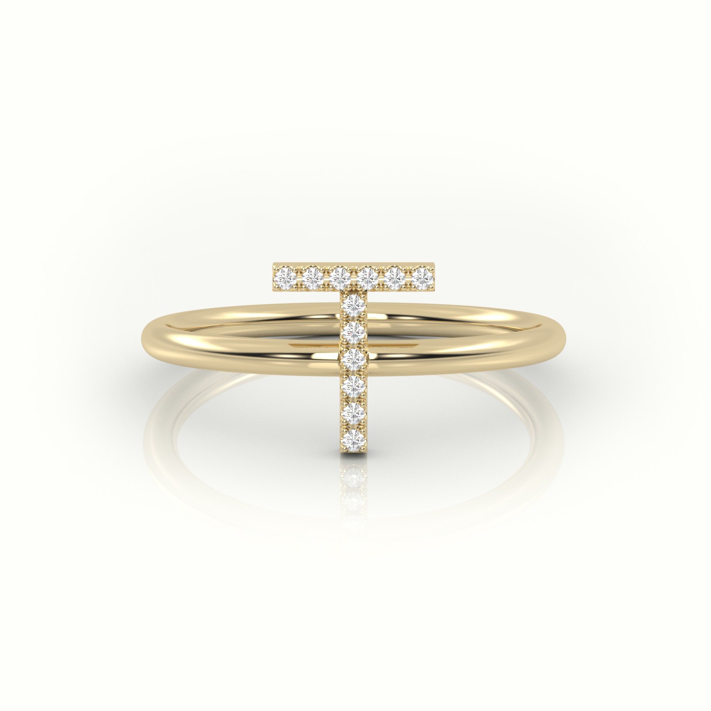 18k yellow gold  round cut diamonds “t” initials monogram alphabet ring
