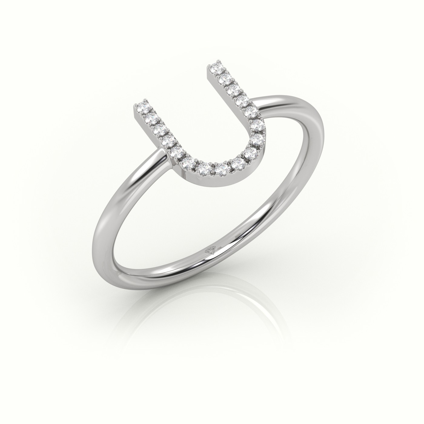 18k white gold  round cut diamonds “u” initials monogram alphabet ring Photos & images