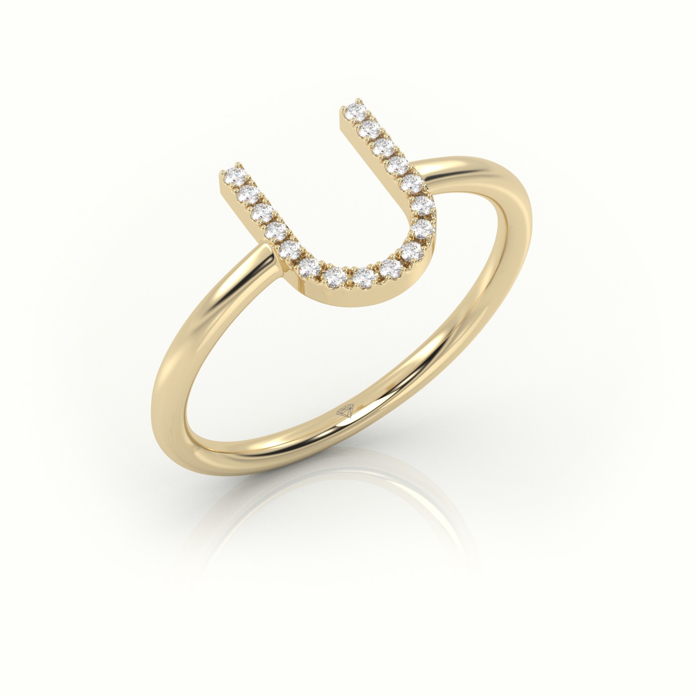 18k yellow gold  round cut diamonds “u” initials monogram alphabet ring Photos & images