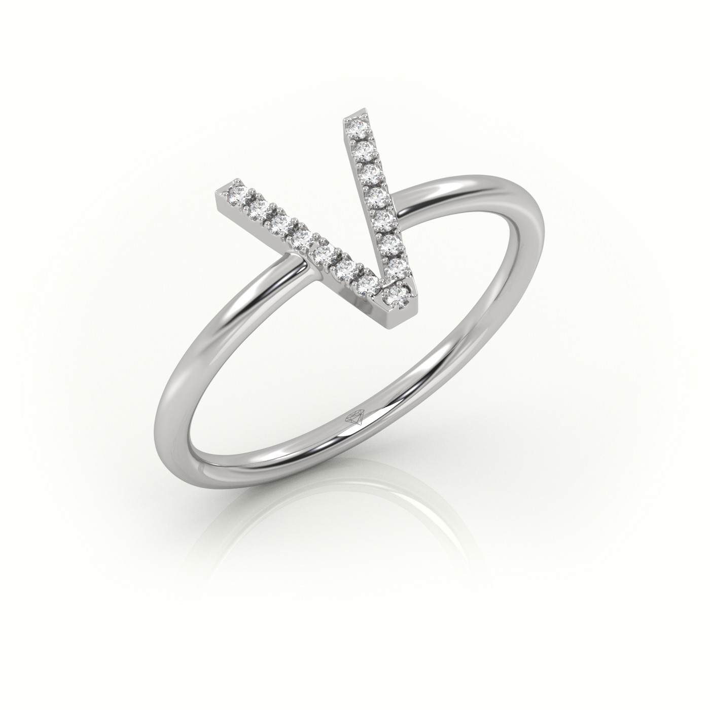 18k white gold  round cut diamonds “v” initials monogram alphabet ring Photos & images