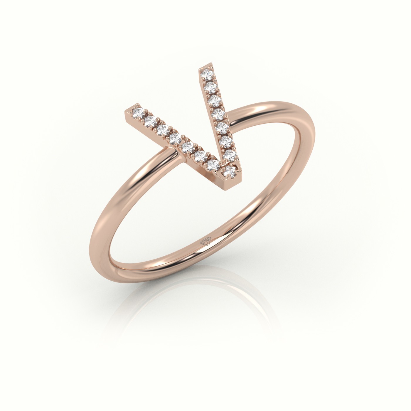 18k rose gold  round cut diamonds “v” initials monogram alphabet ring Photos & images