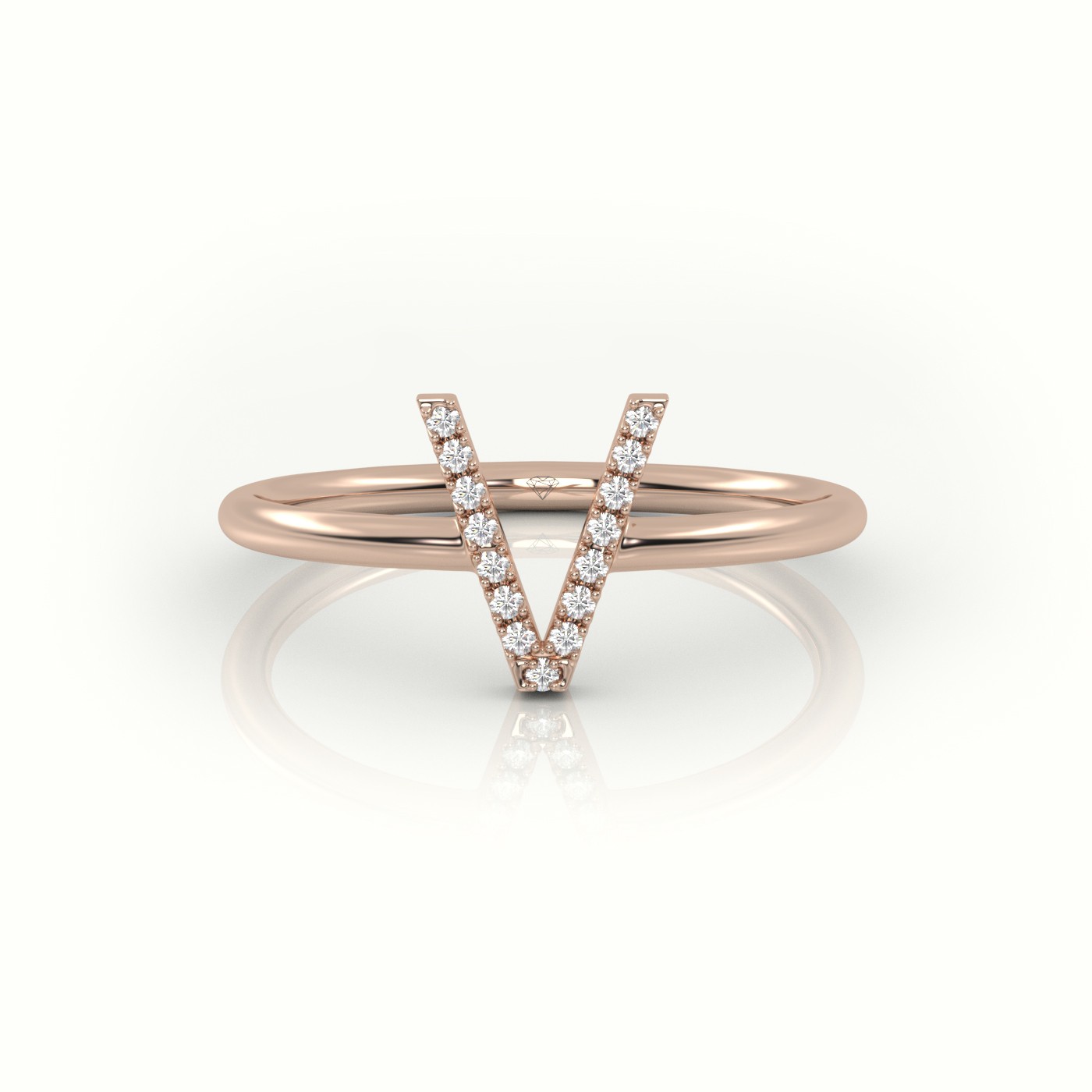 18k rose gold  round cut diamonds “v” initials monogram alphabet ring