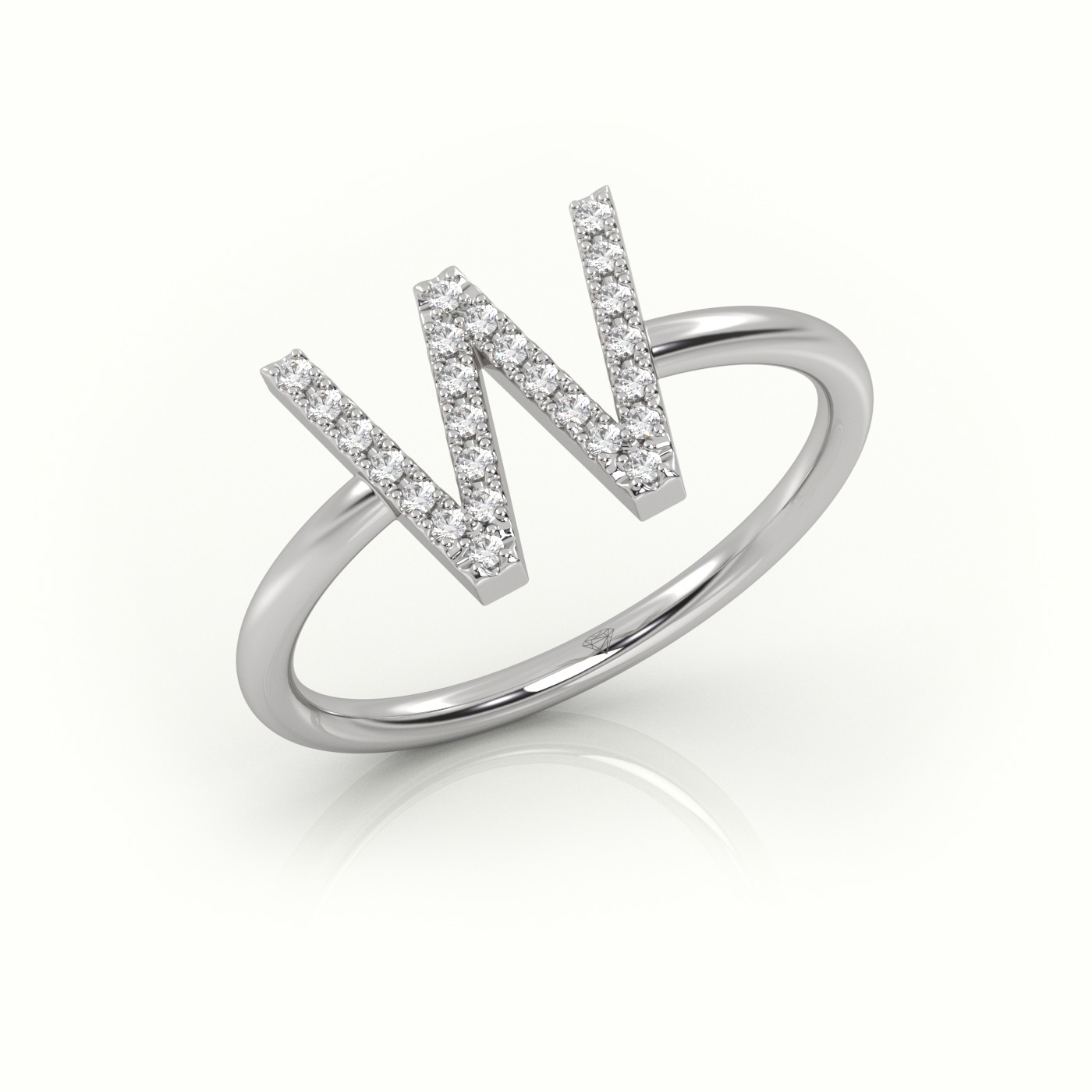 18k white gold  round cut diamonds “w” initials monogram alphabet ring Photos & images