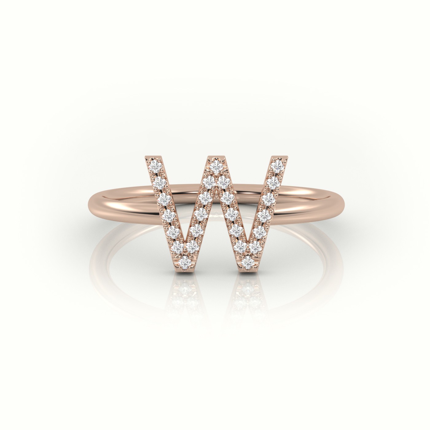 18k rose gold  round cut diamonds “w” initials monogram alphabet ring
