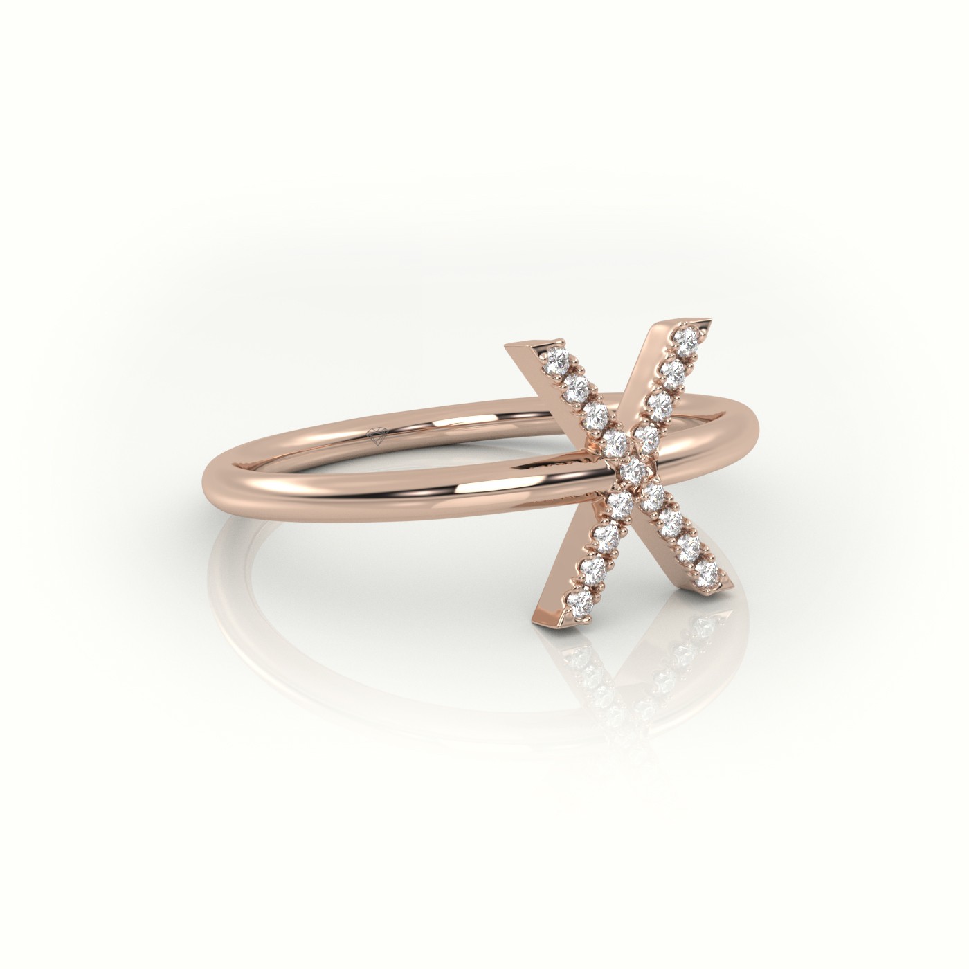 18k rose gold  round cut diamonds “x” initials monogram alphabet ring Photos & images