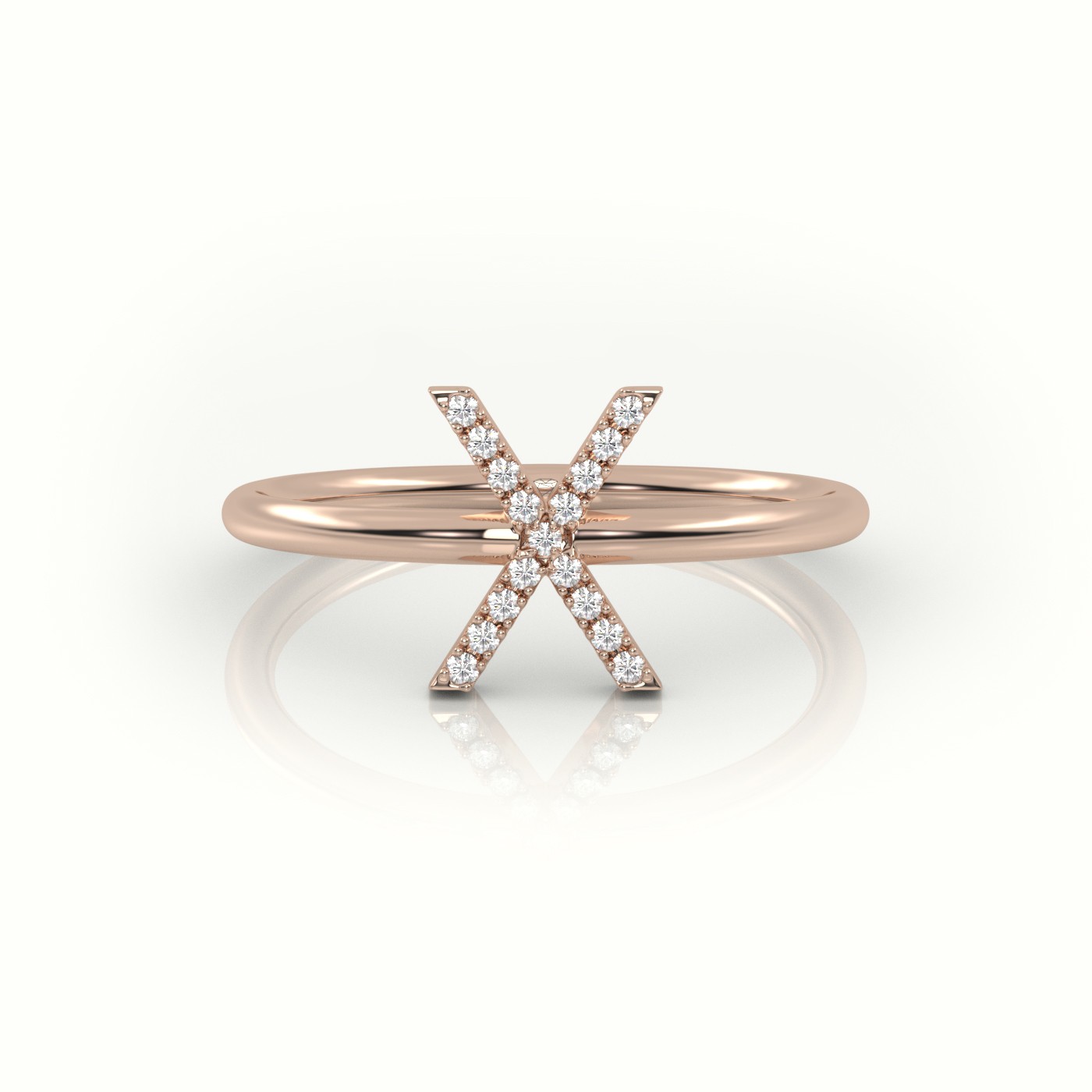 18k rose gold  round cut diamonds “x” initials monogram alphabet ring