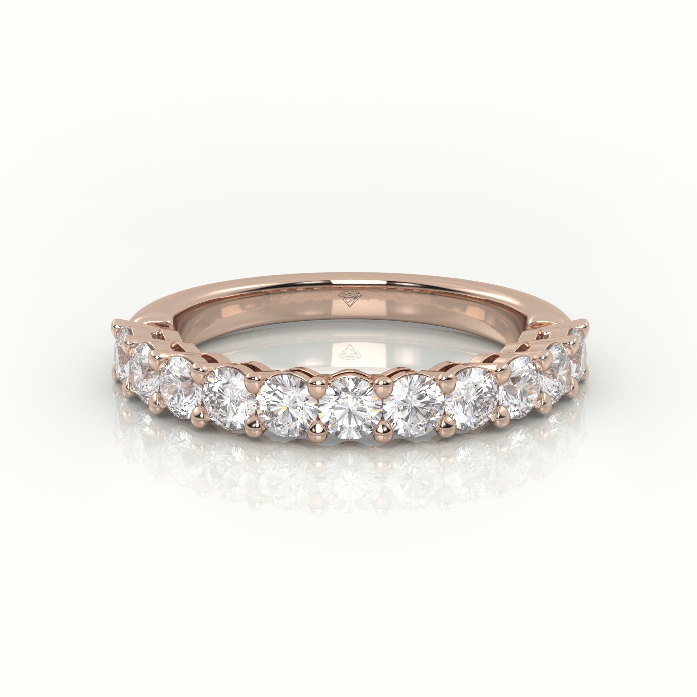 18k rose gold  round cut diamonds shared prongs scallop setting half eternity wedding bands