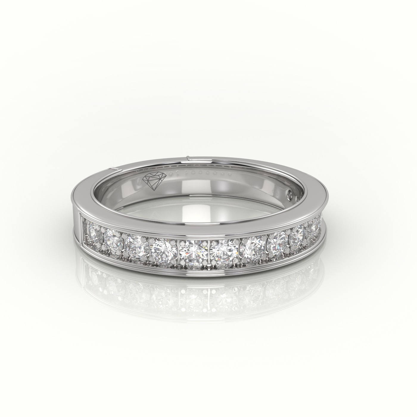 18k white gold  round cut diamonds shared prongs channel setting eternity wedding band Photos & images