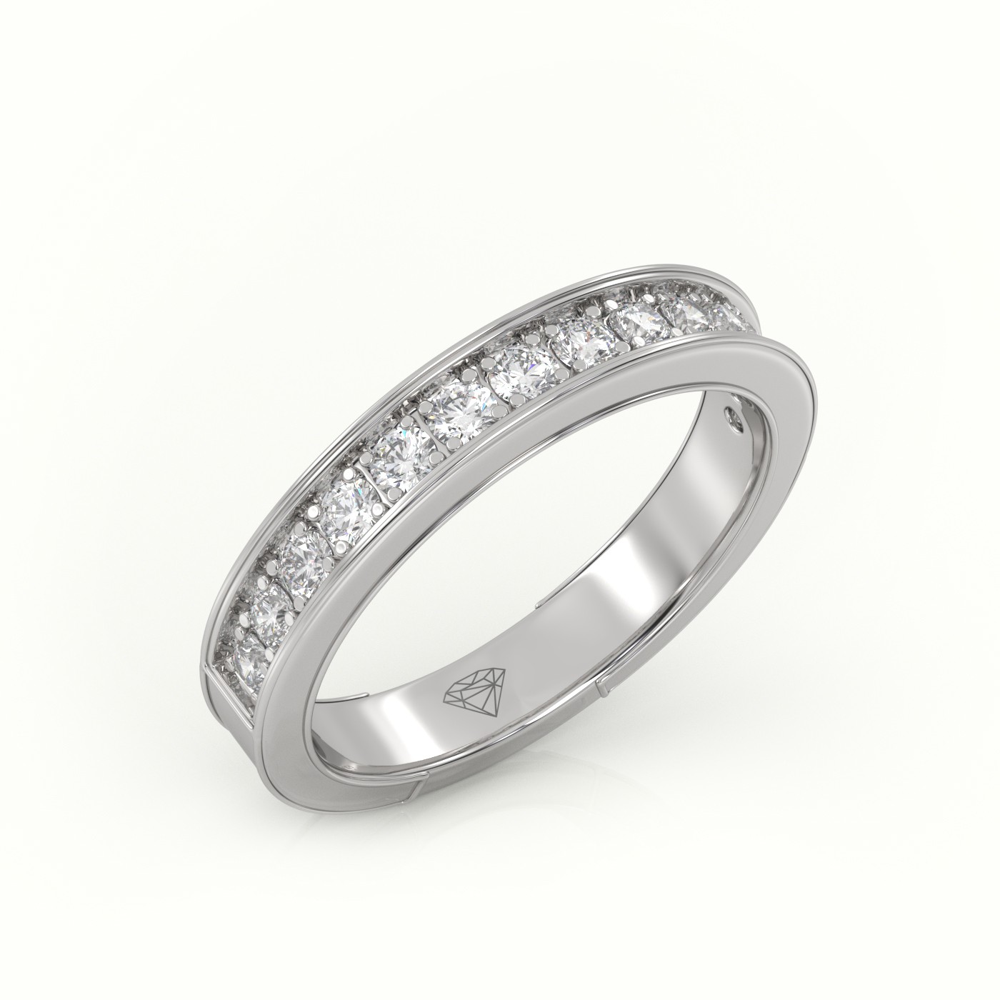 18k white gold  round cut diamonds shared prongs channel setting eternity wedding band Photos & images