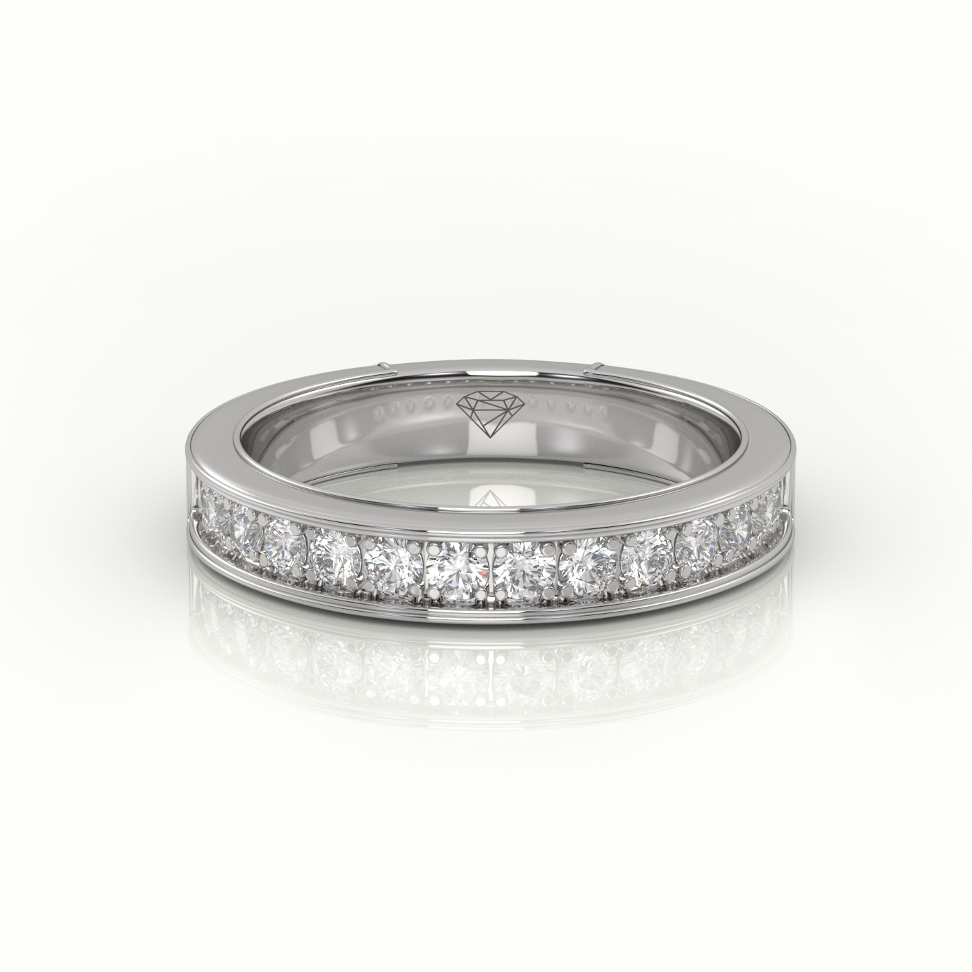 18k white gold round cut diamonds shared prongs channel setting eternity wedding band