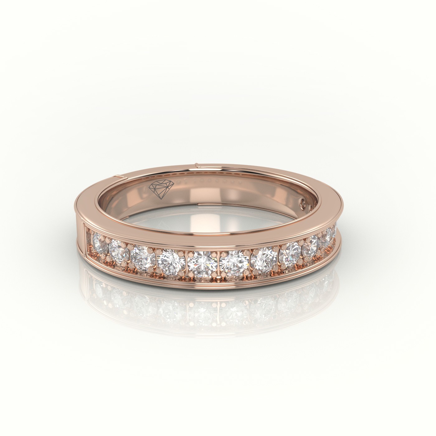 18k rose gold  round cut diamonds shared prongs channel setting eternity wedding band Photos & images