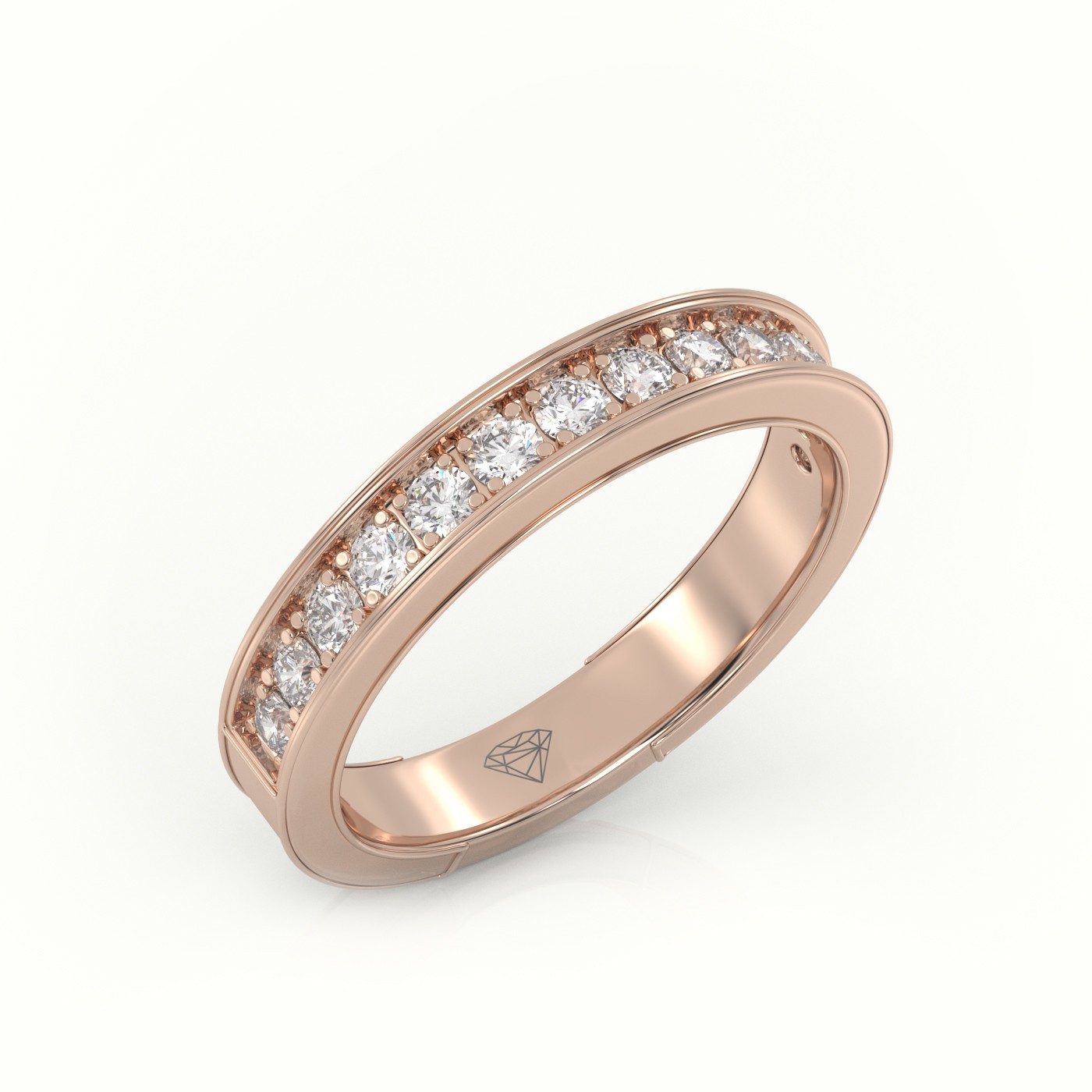 18k rose gold  round cut diamonds shared prongs channel setting eternity wedding band Photos & images