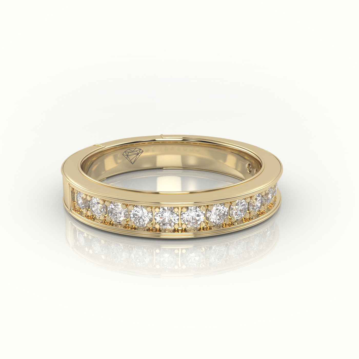 18k yellow gold  round cut diamonds shared prongs channel setting eternity wedding band Photos & images