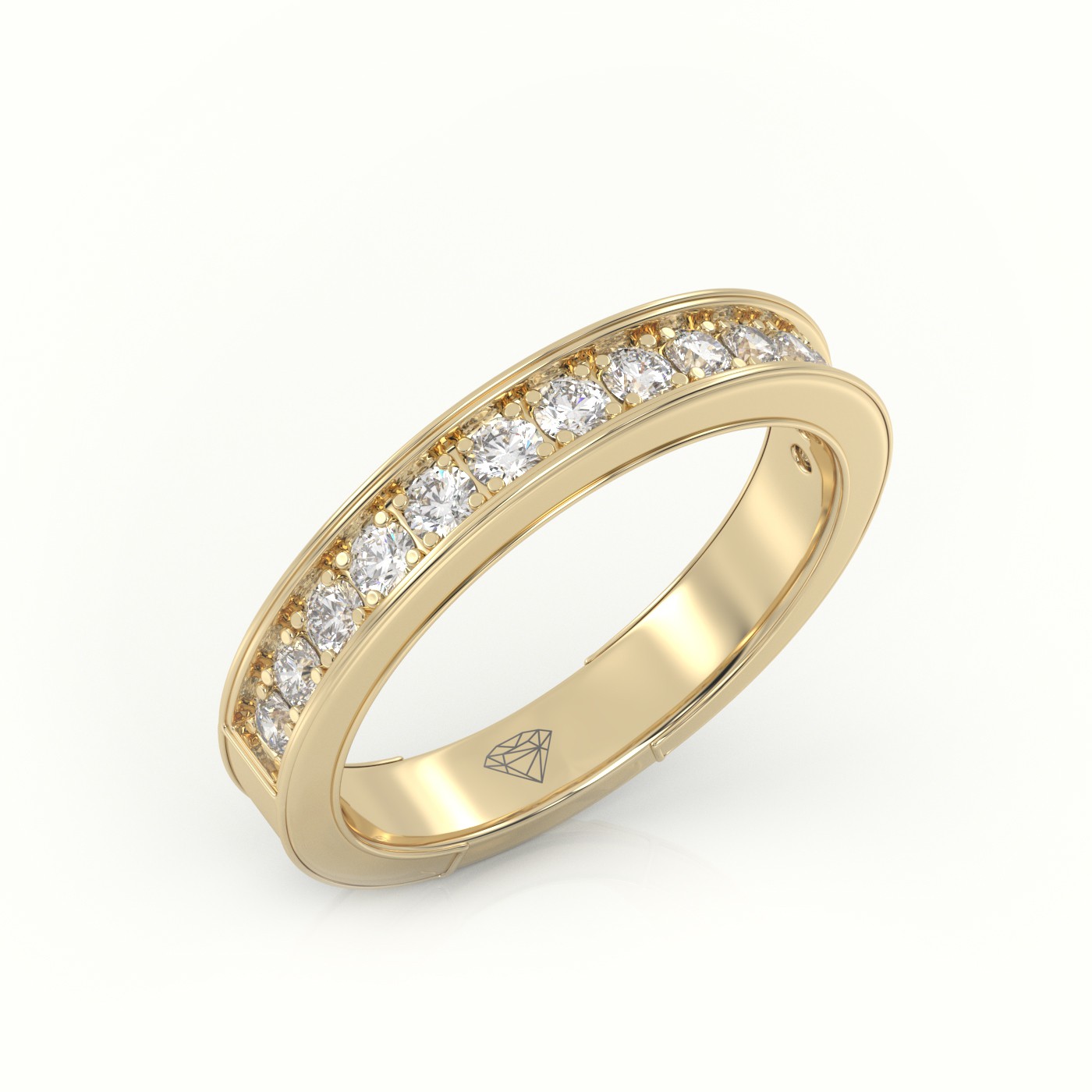 18k yellow gold  round cut diamonds shared prongs channel setting eternity wedding band Photos & images