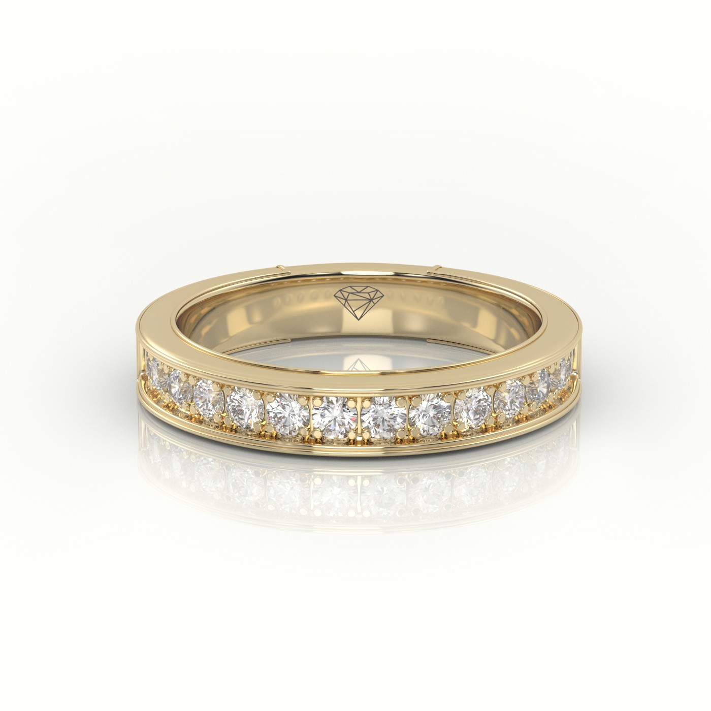 18k yellow gold  round cut diamonds shared prongs channel setting eternity wedding band