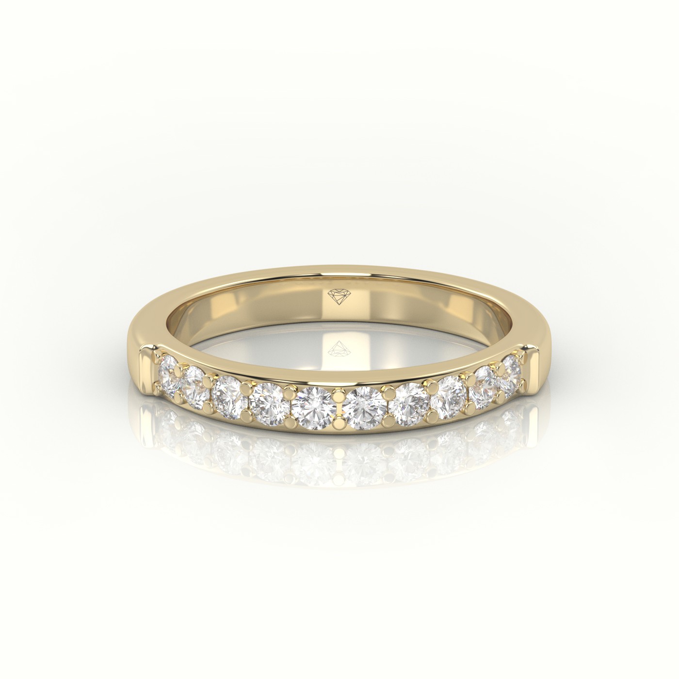 18k yellow gold  round diamonds shared prongs half eternity wedding band