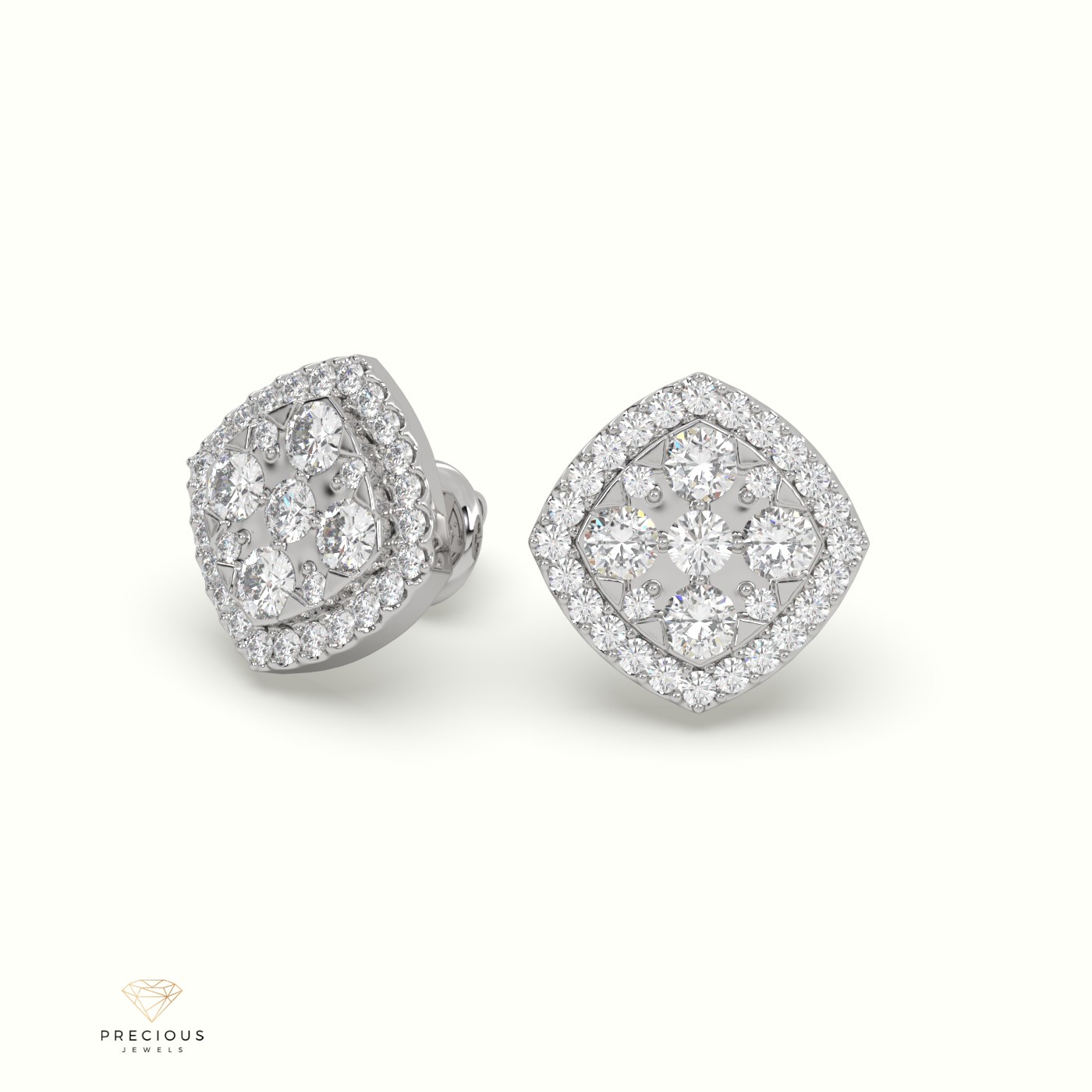 18k white gold rounded square diamond cluster earrings