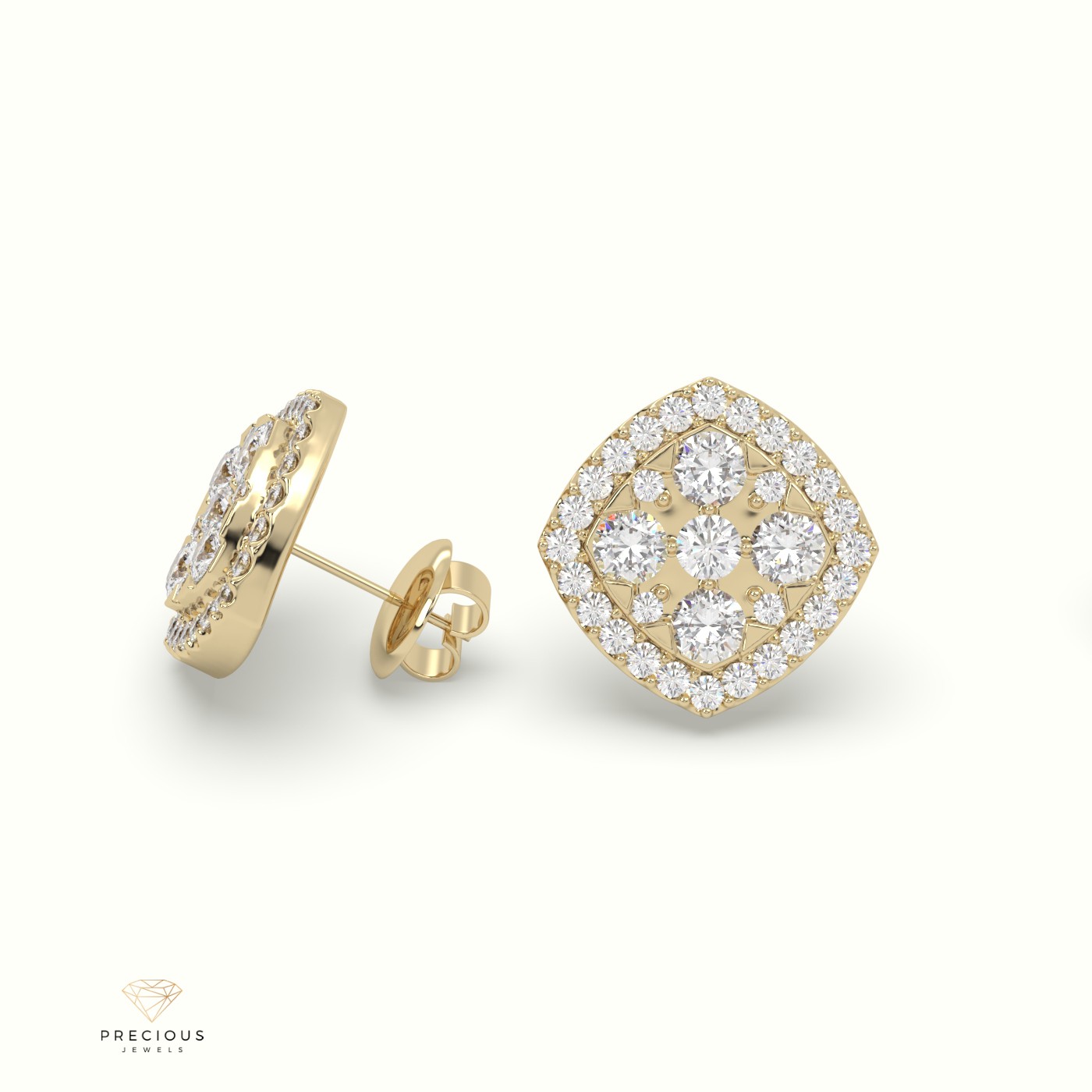 18k yellow gold rounded square diamond cluster earrings Photos & images