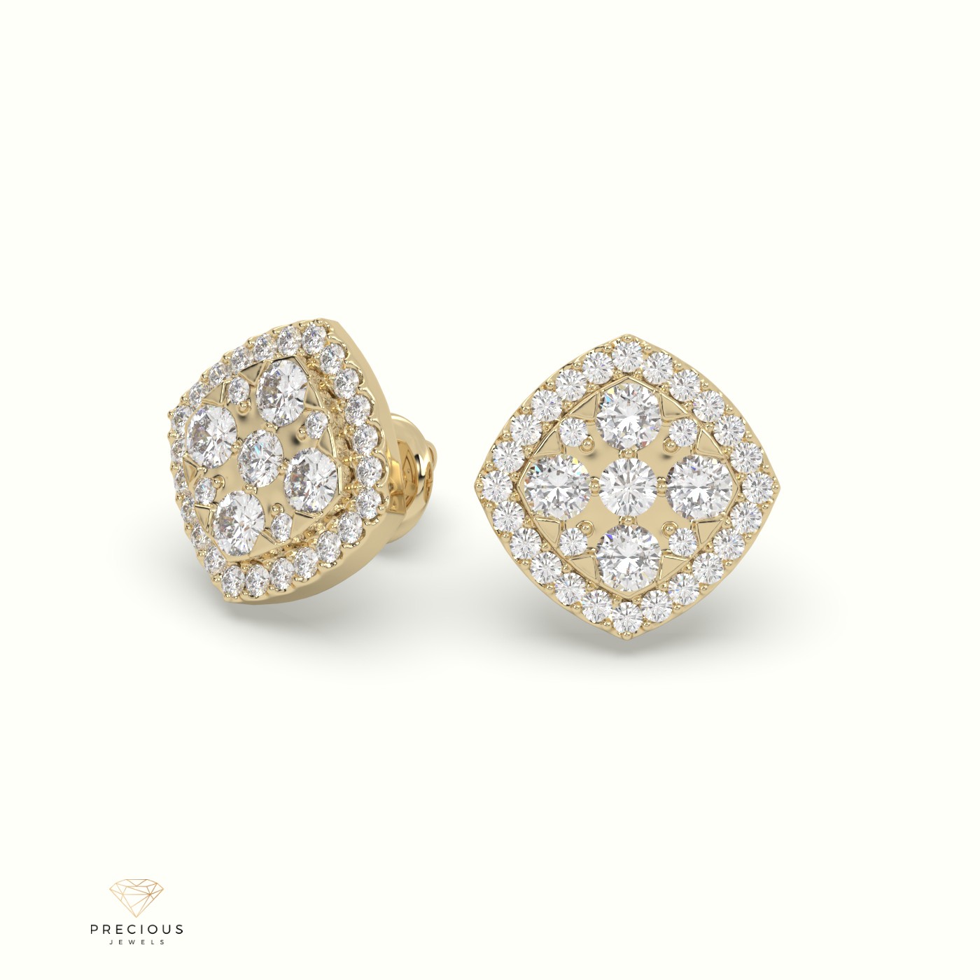 18k yellow gold rounded square diamond cluster earrings