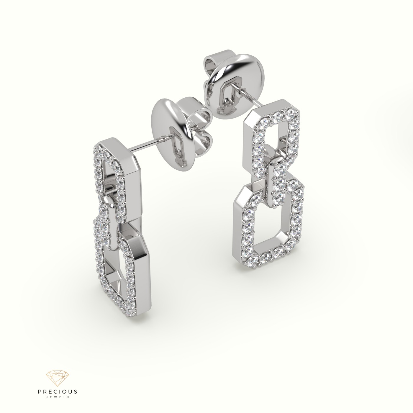 18k white gold  studs earrings in squarish design with shared prongs Photos & images