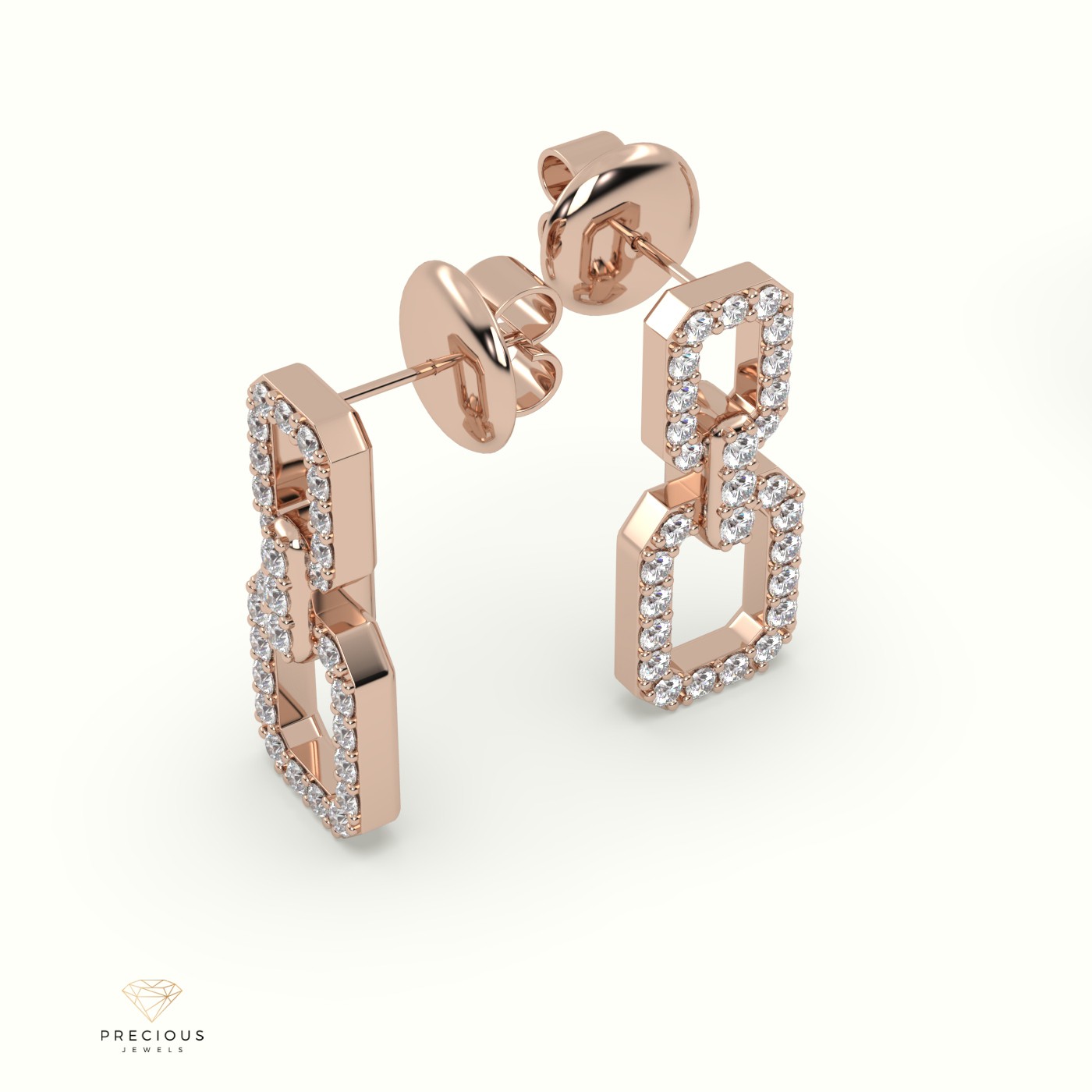 18k rose gold  studs earrings in squarish design with shared prongs Photos & images