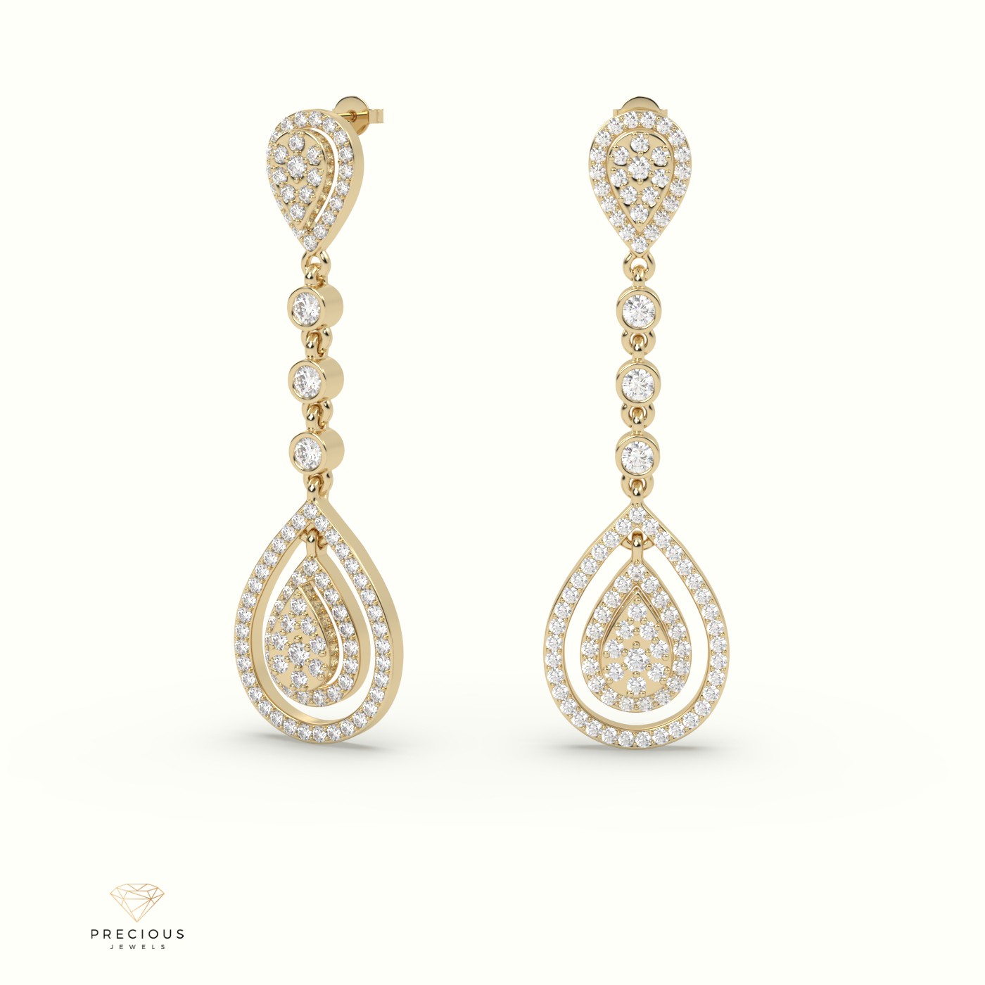 18k yellow gold  pear shaped earring set with round brilliance diamonds