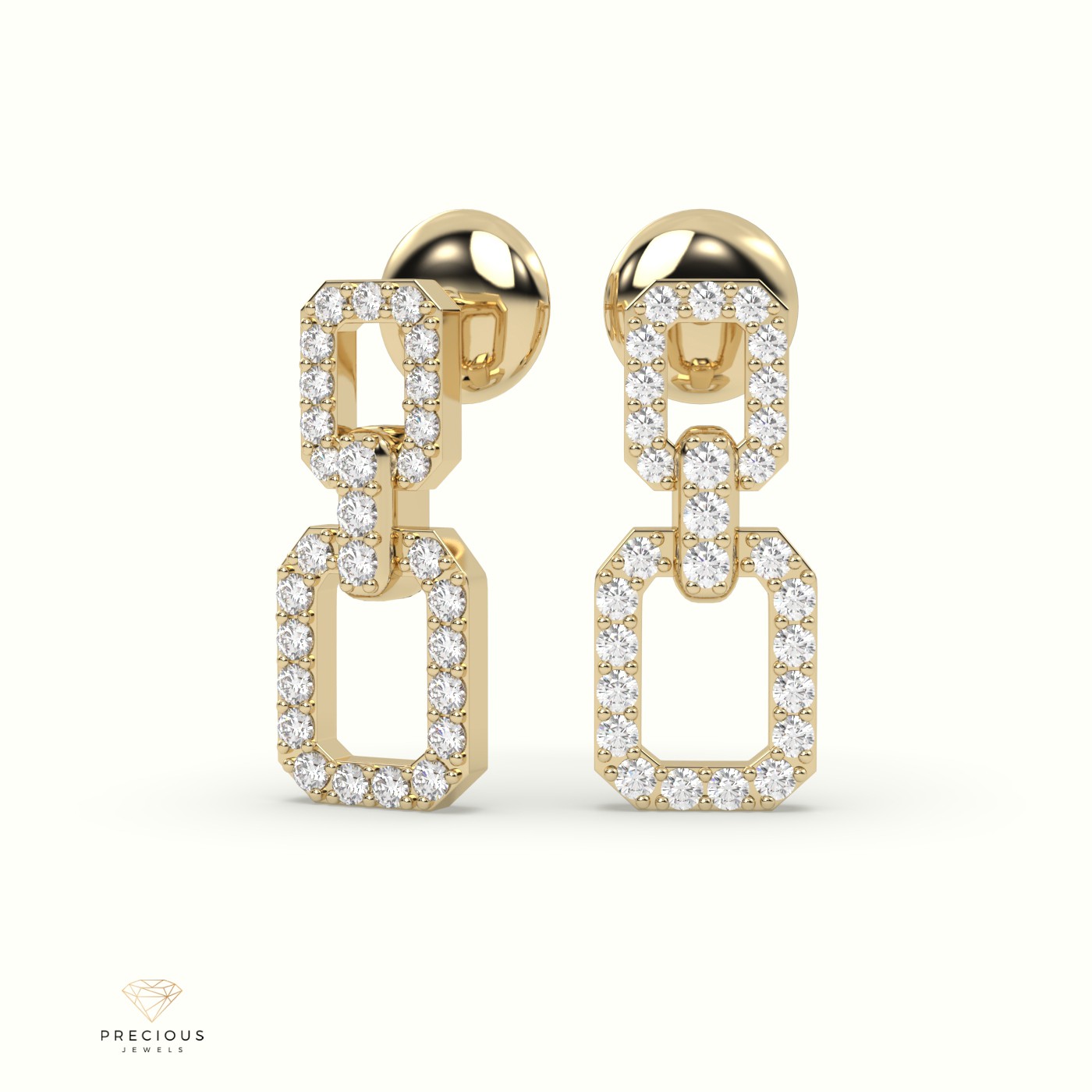 18k yellow gold  studs earrings in squarish design with shared prongs