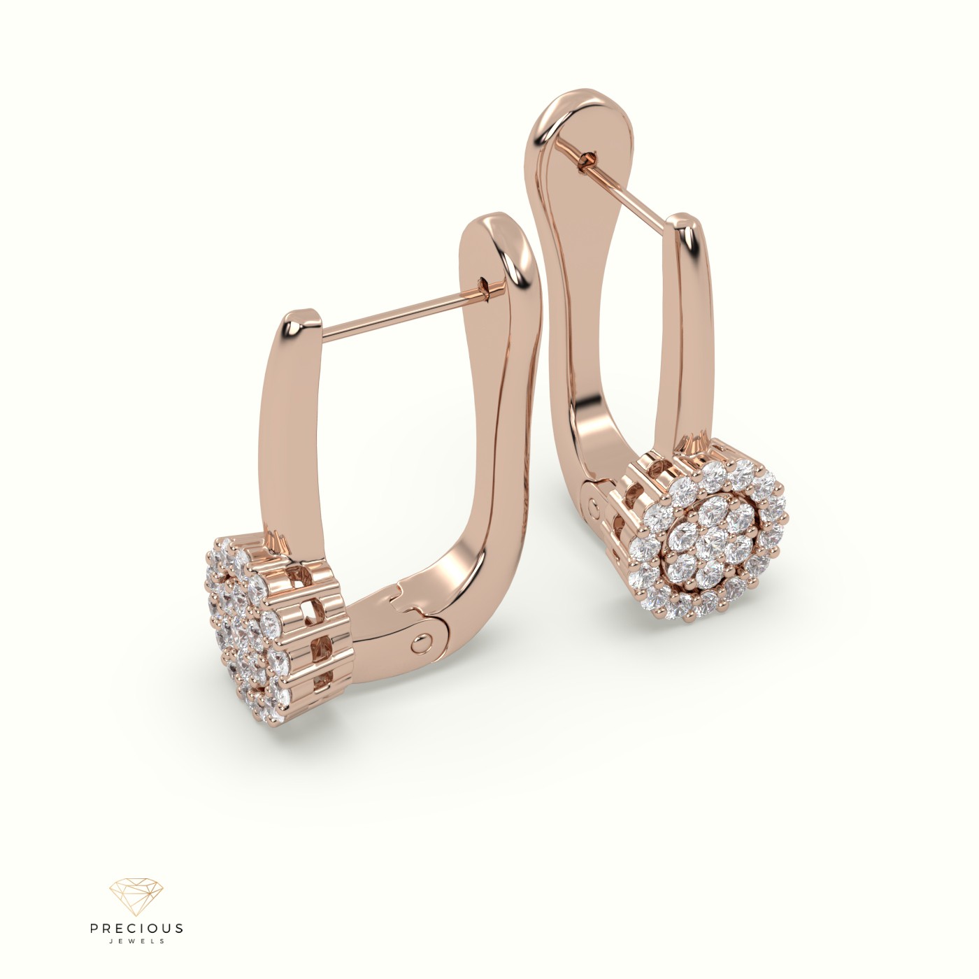 18k rose gold round cut diamond earring with shared prongs setting Photos & images