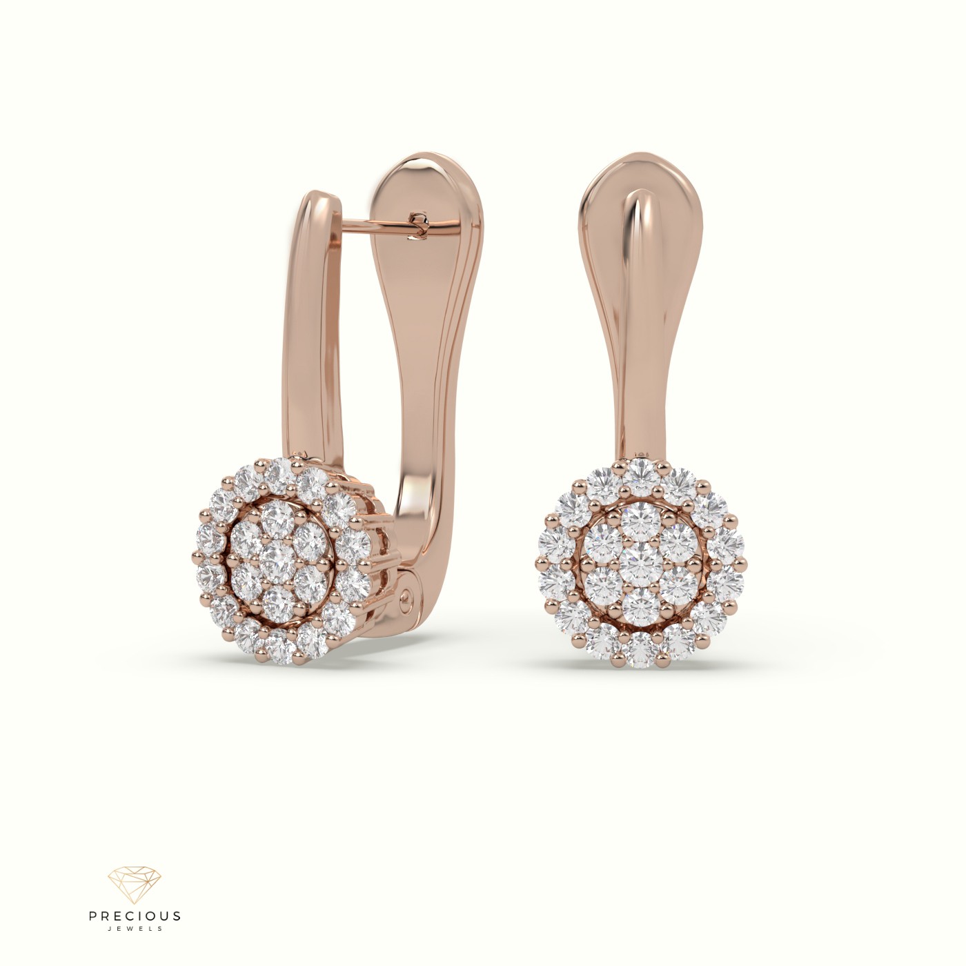 18k rose gold round cut diamond earring with shared prongs setting