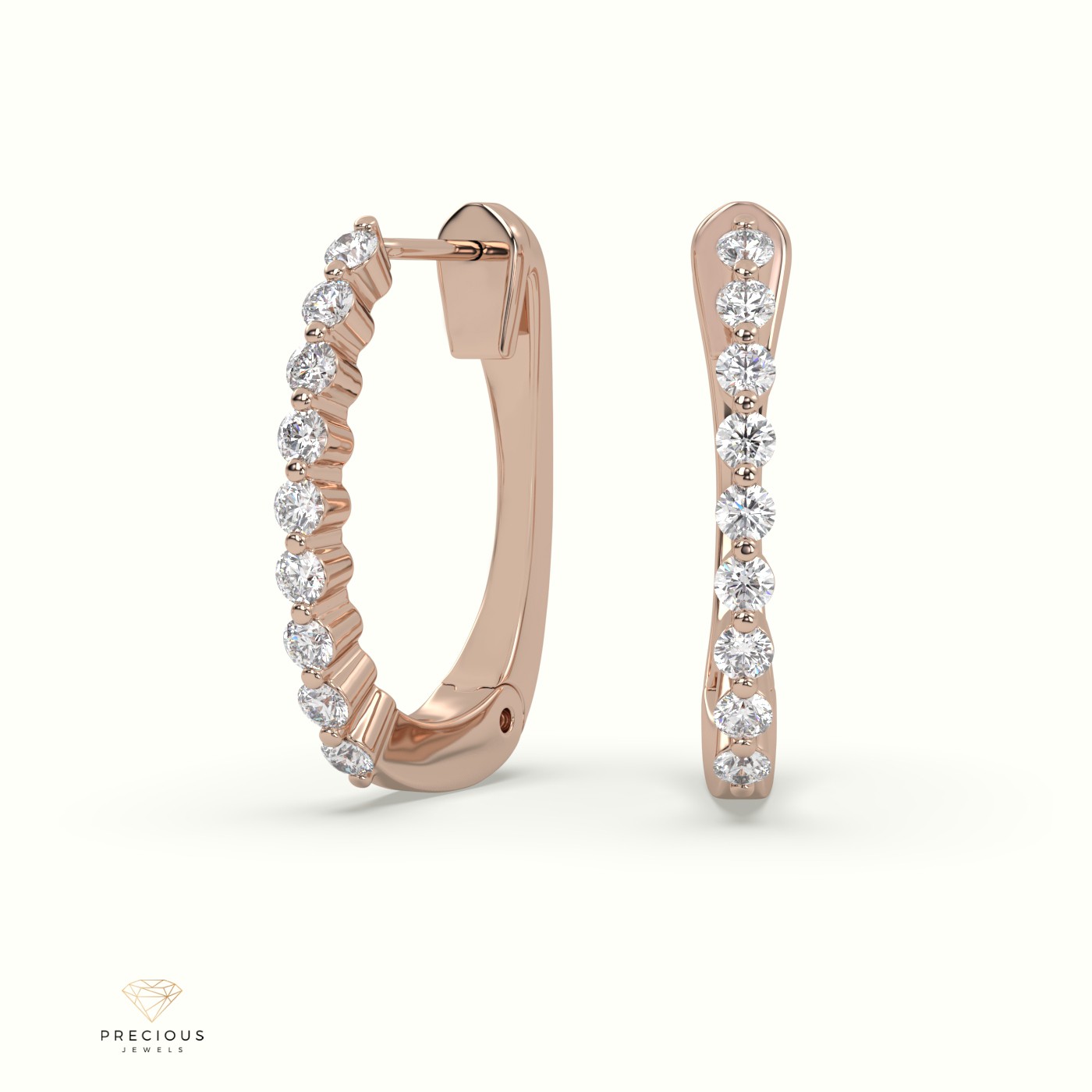 18k rose gold shared prong setting hoop diamond earrings