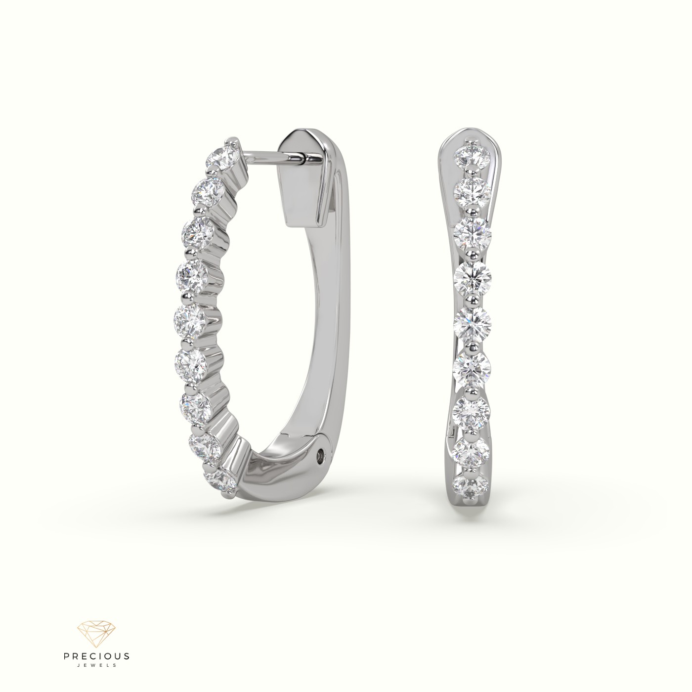 18k white gold shared prong setting hoop diamond earrings