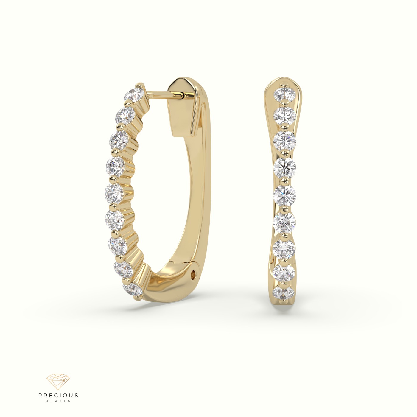 18k yellow gold shared prong setting hoop diamond earrings