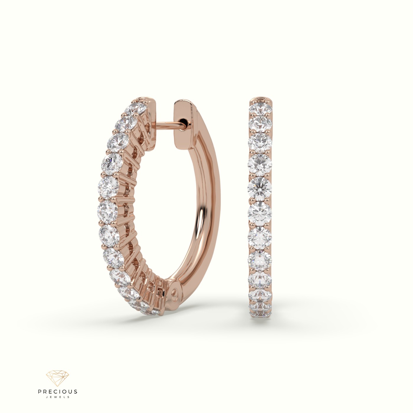 18k rose gold round cut shared prong o shaped diamond earring set