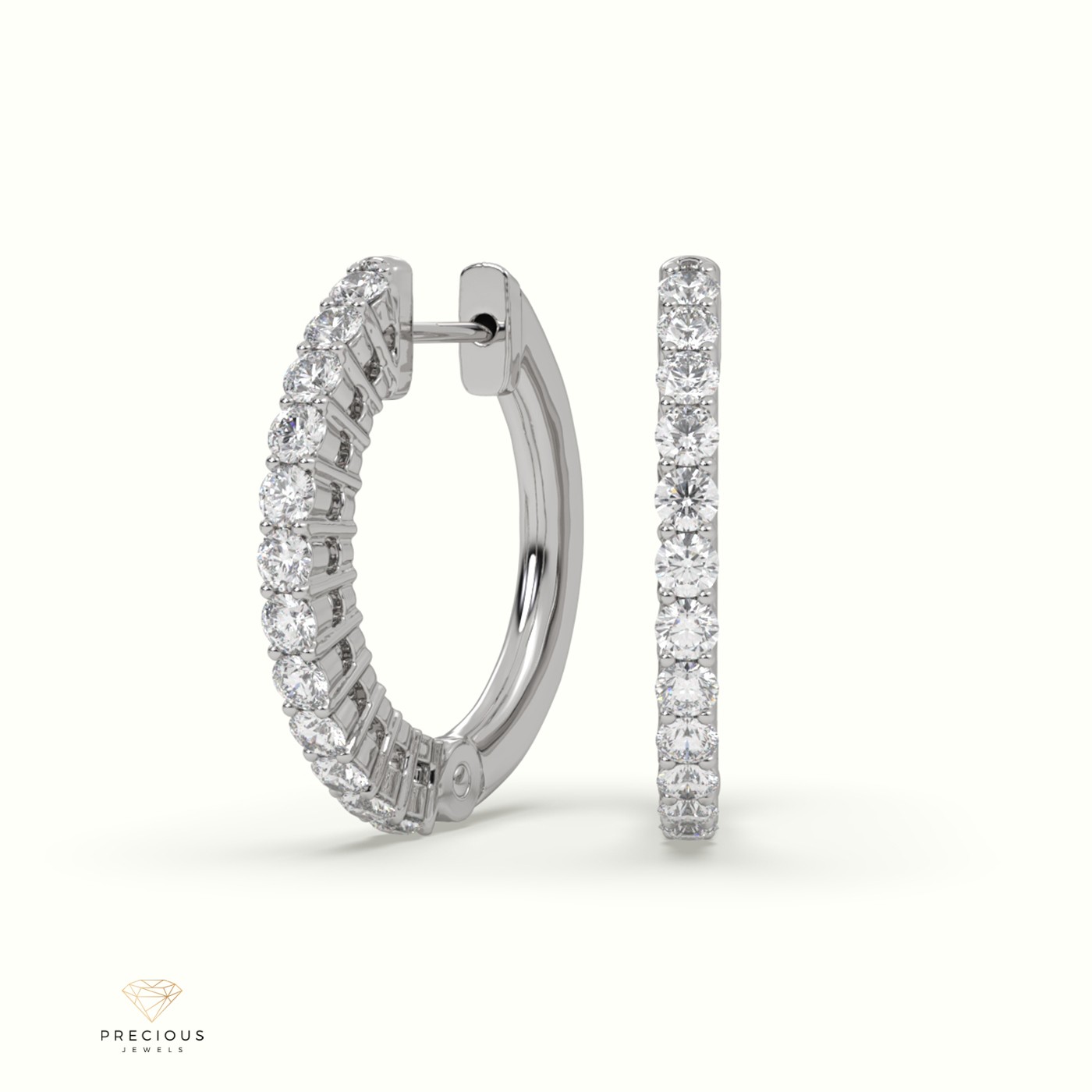18k white gold round cut shared prong o shaped diamond earring set