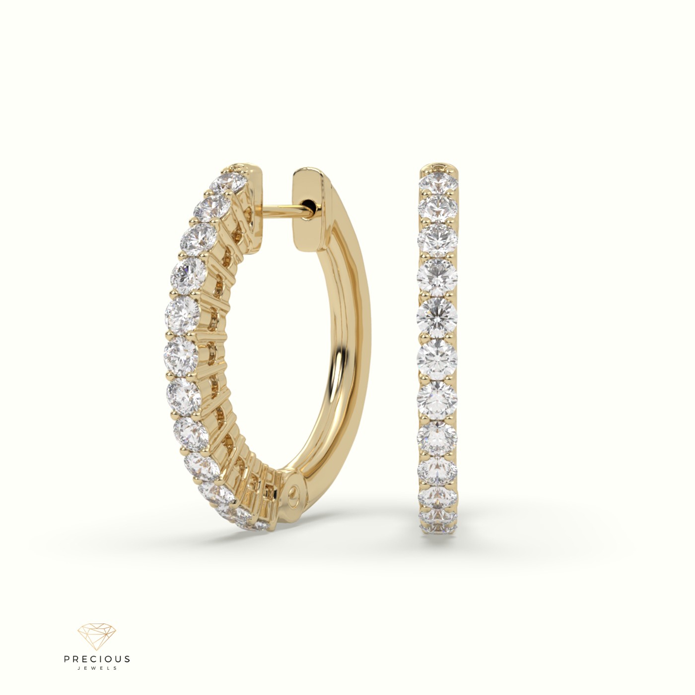 18k yellow gold round cut shared prong o shaped diamond earring set