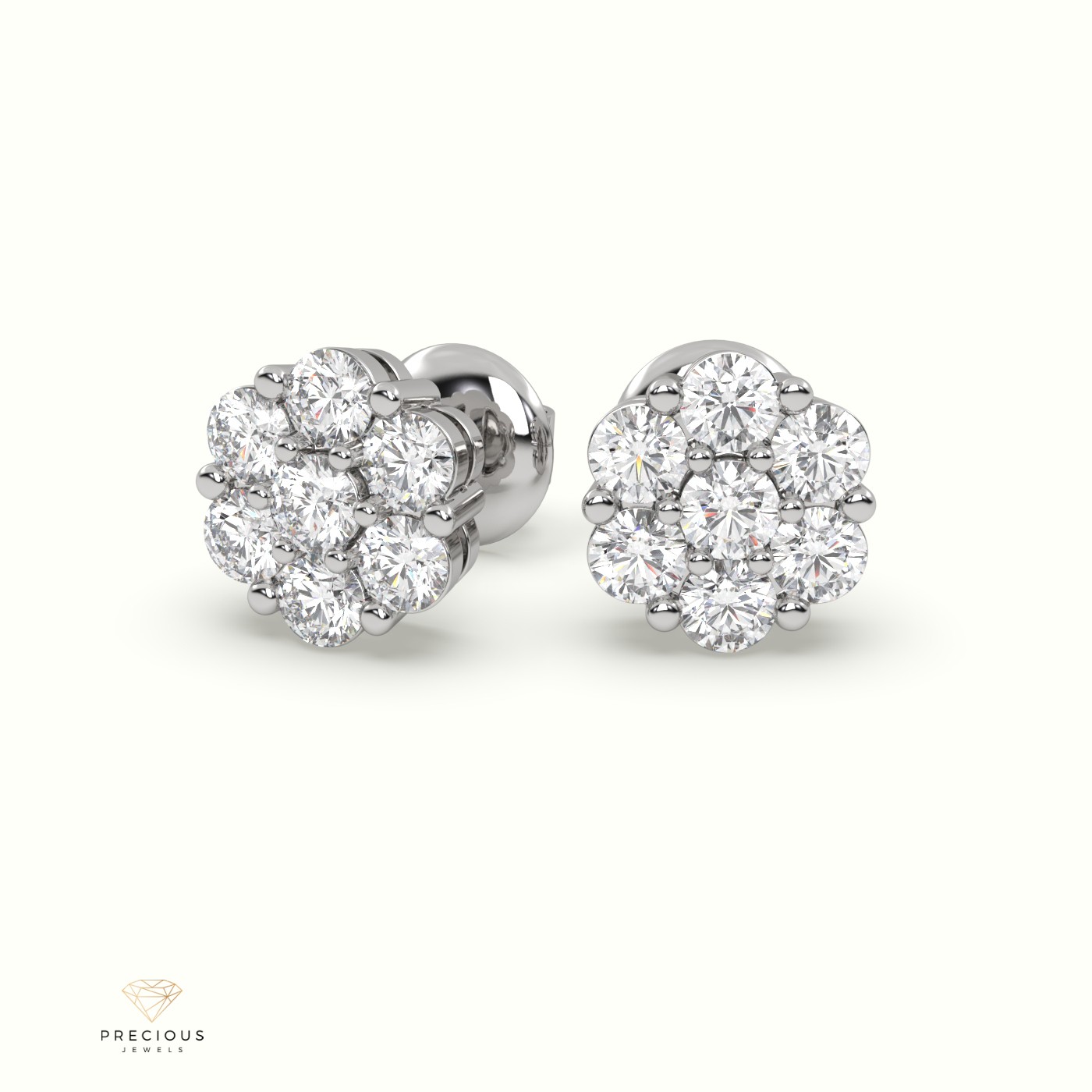 18k white gold flower cluster diamond stud earrings