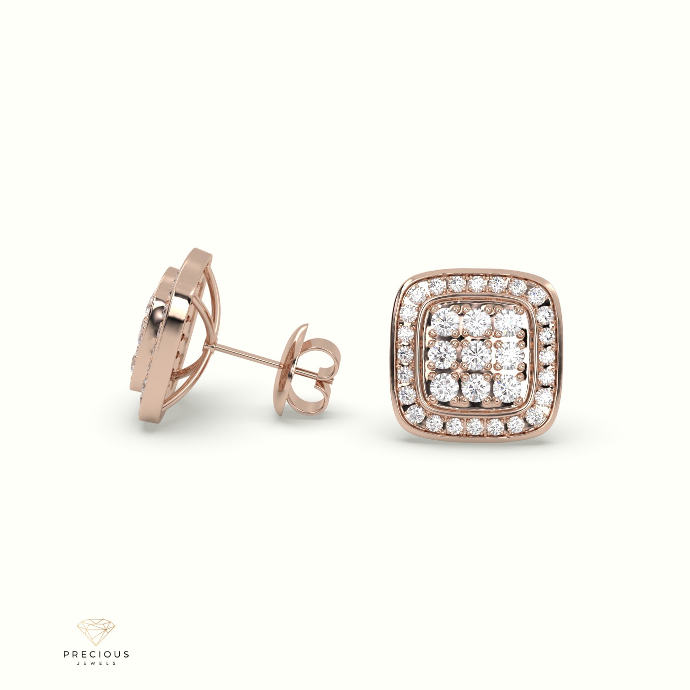 18k rose gold square frame cluster diamond stud earrings Photos & images