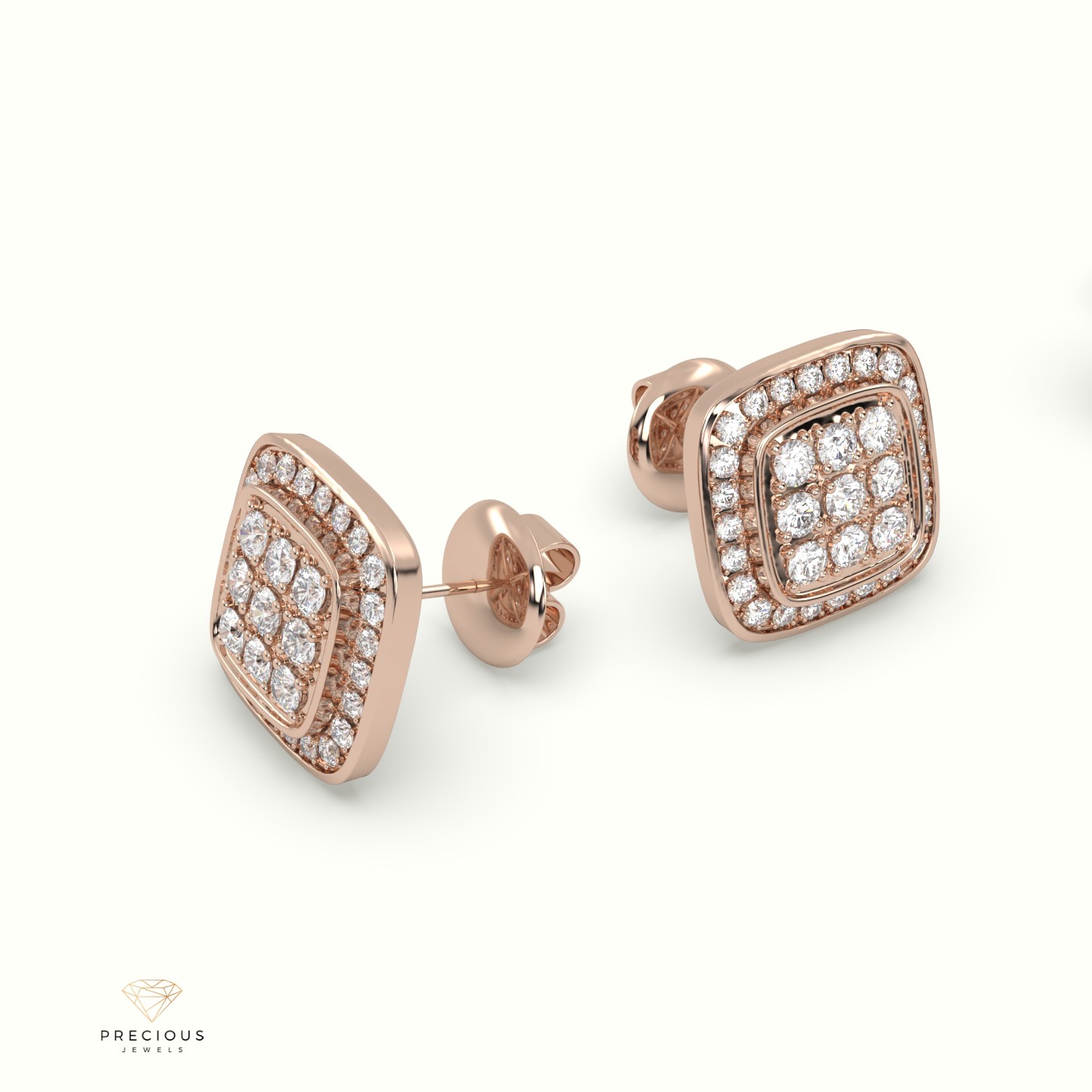 18k rose gold square frame cluster diamond stud earrings Photos & images