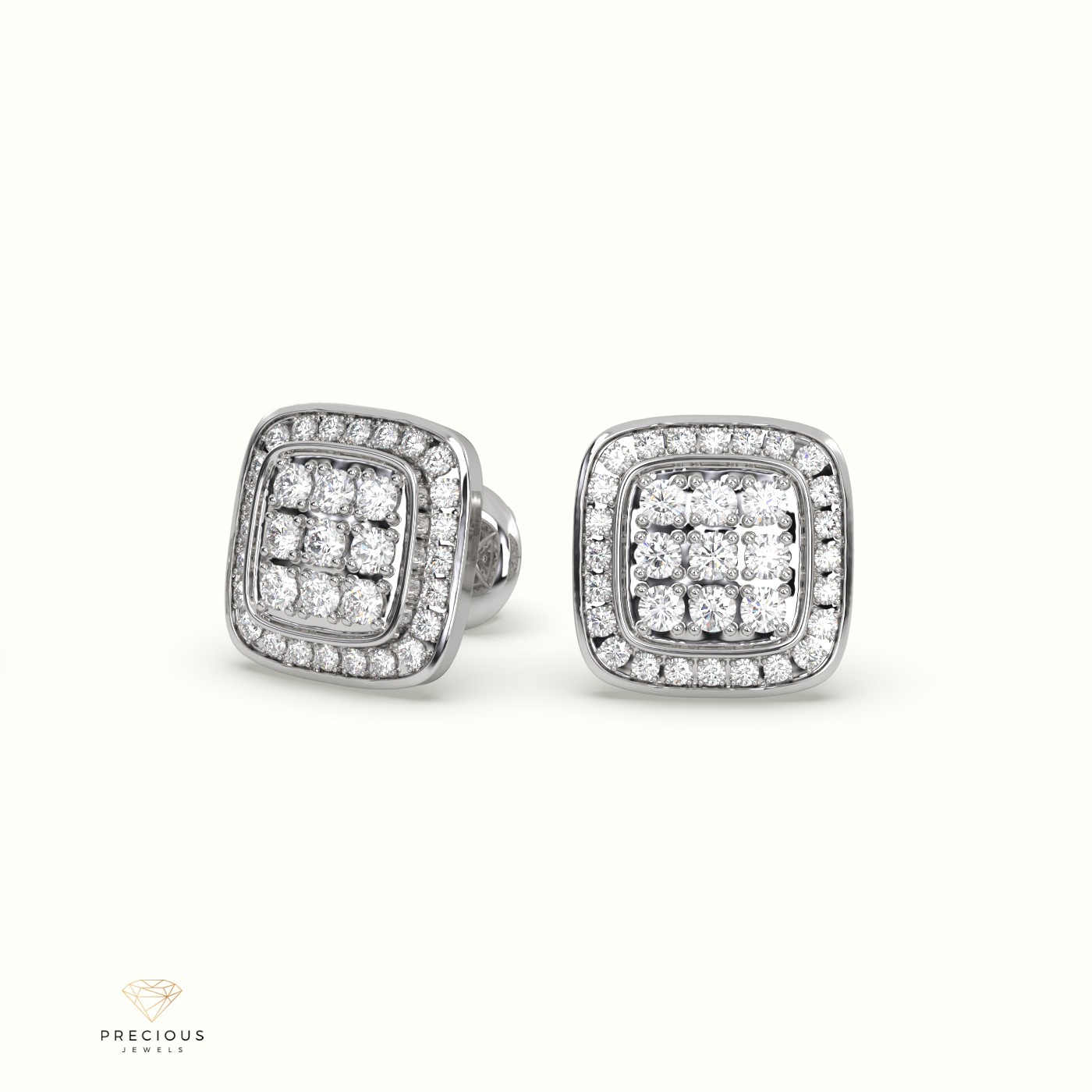 18k white gold square frame cluster diamond stud earrings