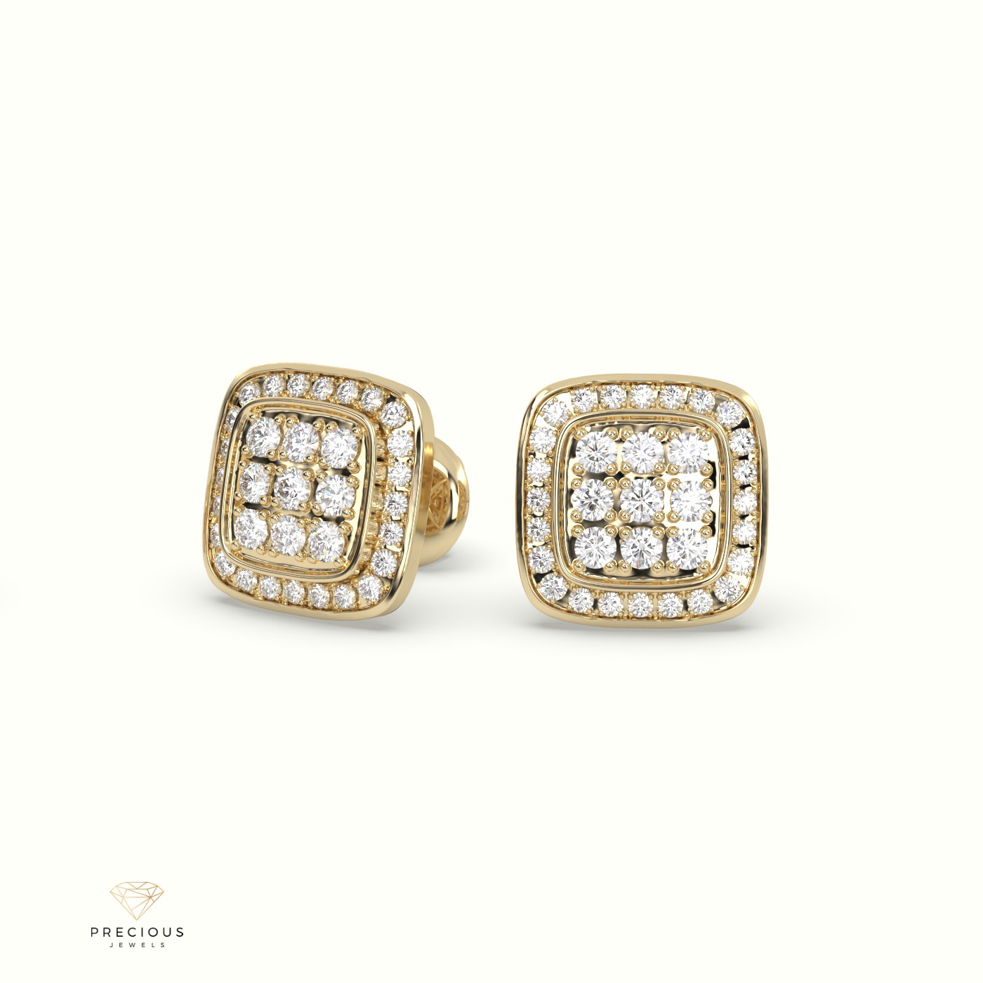 18k yellow gold square frame cluster diamond stud earrings