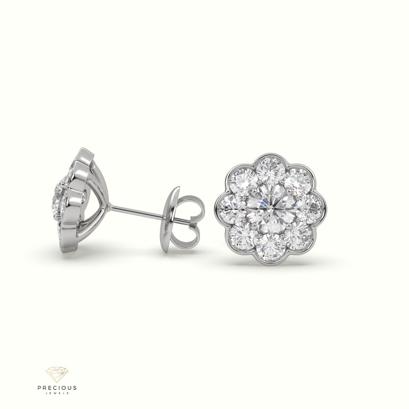 18k white gold 4 prongs mesmerizing diamond floral cluster earrings Photos & images