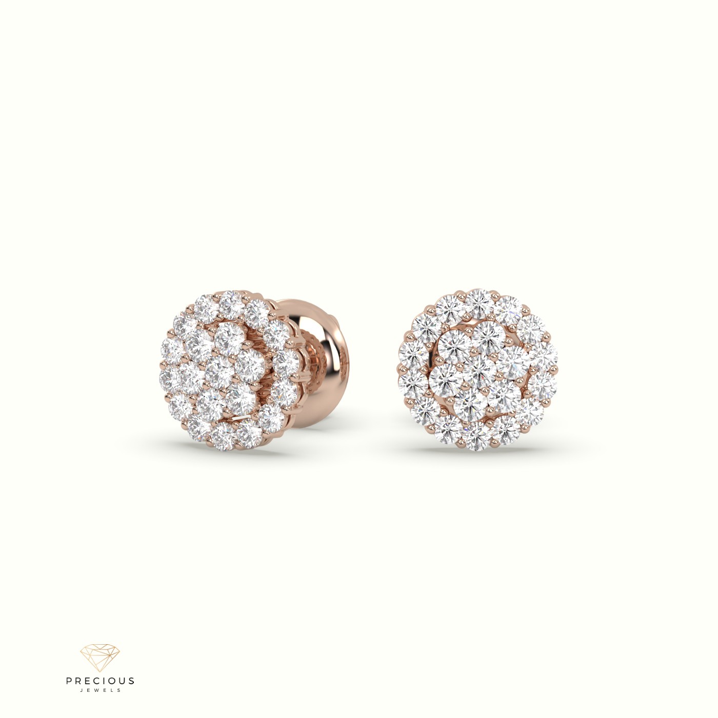 18k rose gold round cluster halo earrings