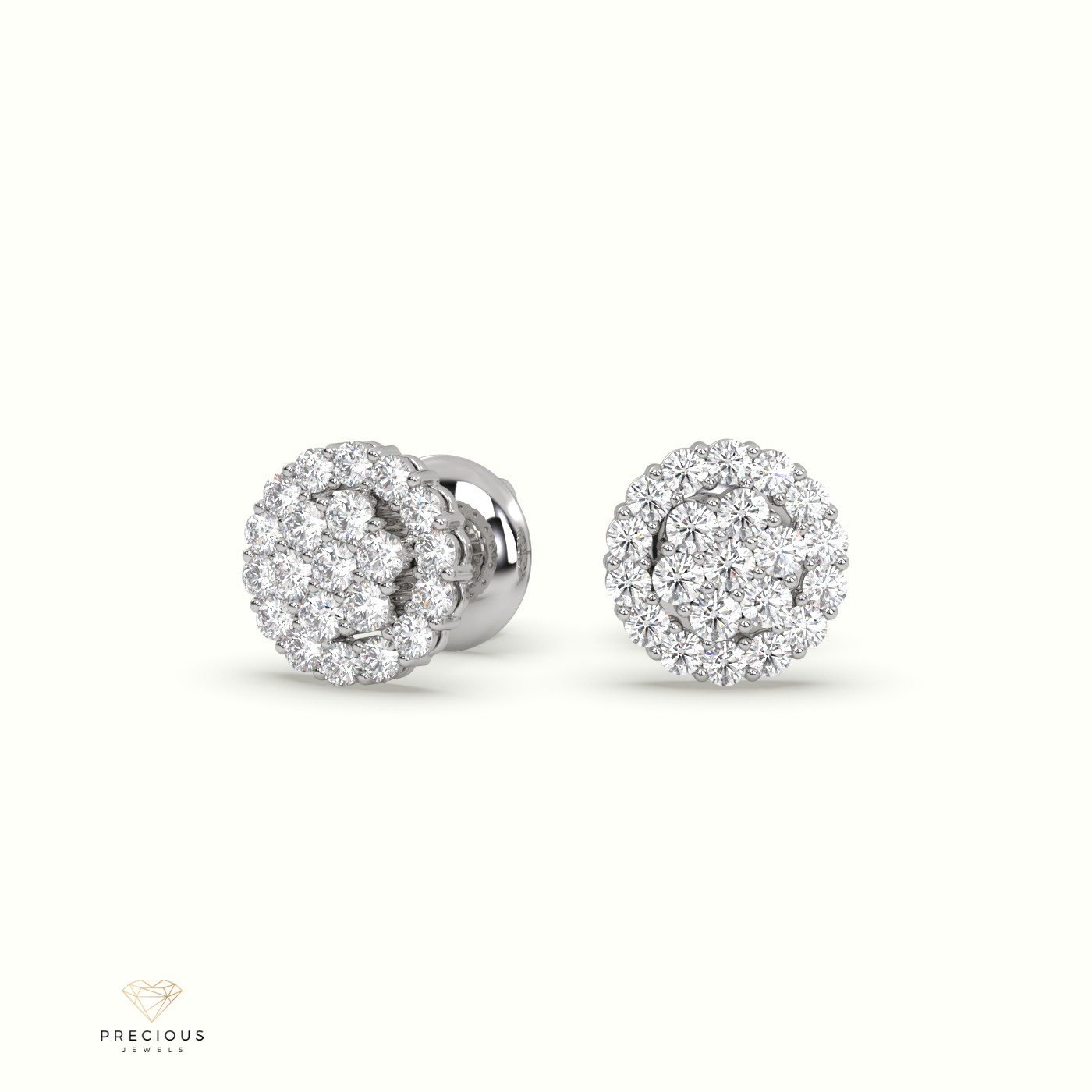 18k white gold  round cluster halo earrings